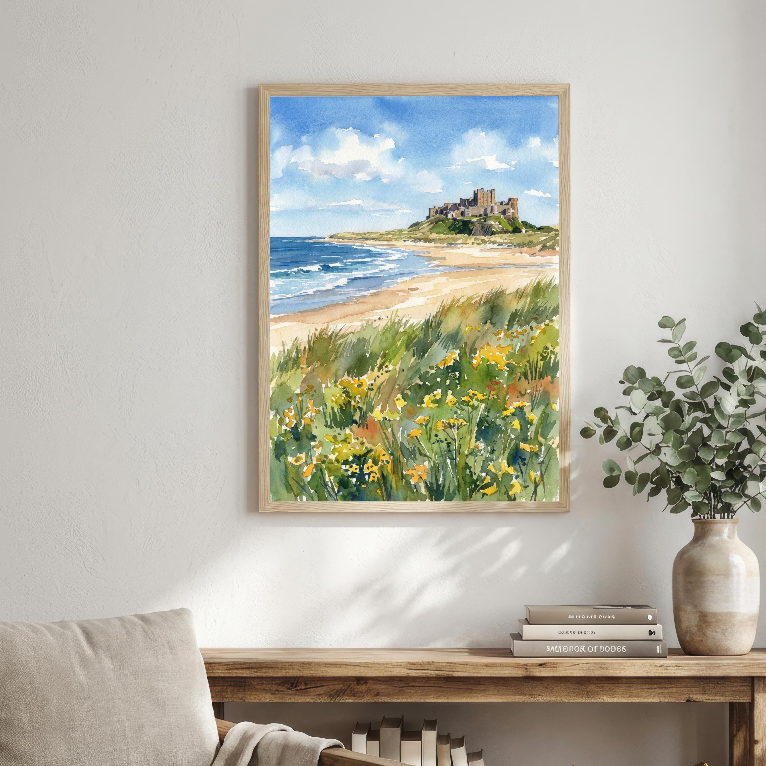 Bamburgh Castle Watercolour Painting Poster England Wall Art Coastal Landscape Print Gift for UK Travel Lovers and Fans of Scenic Historic