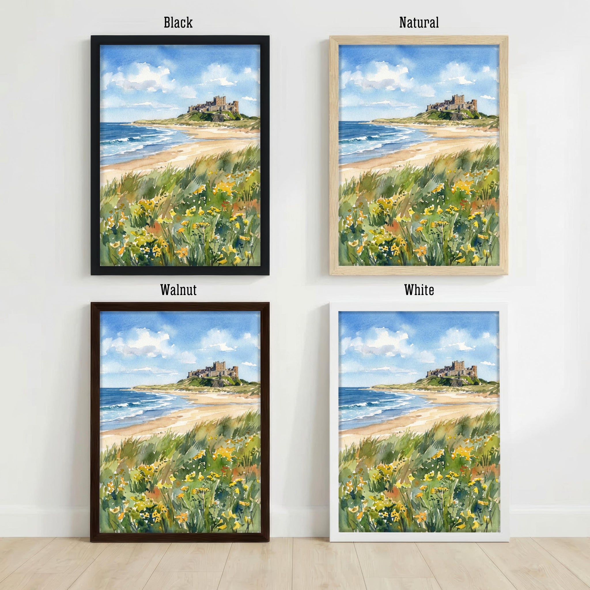 Bamburgh Castle Watercolour Painting Poster England Wall Art Coastal Landscape Print Gift for UK Travel Lovers and Fans of Scenic Historic