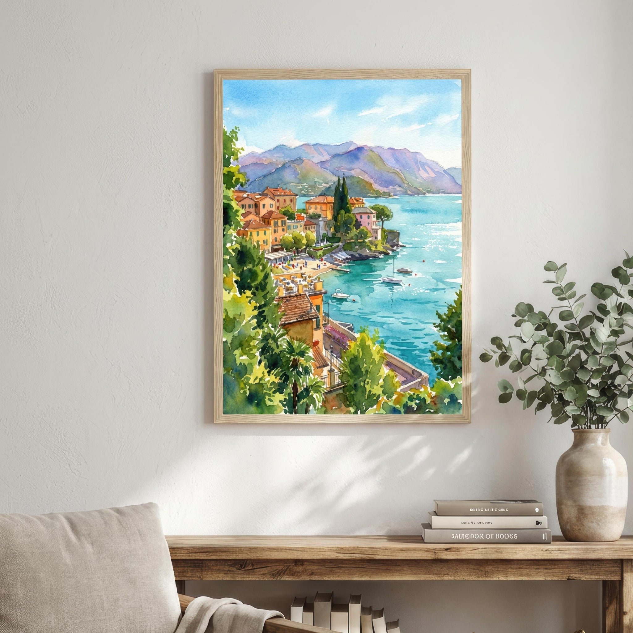Lake Como Watercolour Painting Poster Italy Wall Art Mountain Lake Landscape Print Gift for Europe Travel Lovers and Scenic Italian Decor