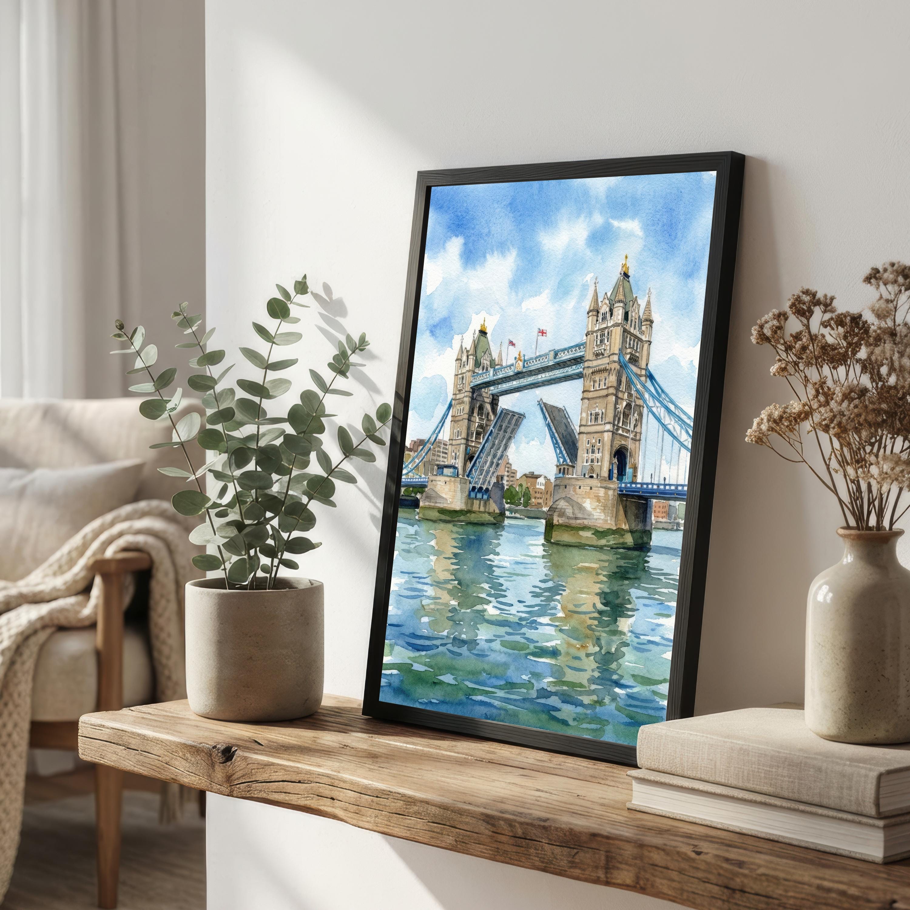 London Bridge Watercolour Painting Poster London England Wall Art City Landmark Landscape Print Gift for UK Travel Lovers and Historic Decor