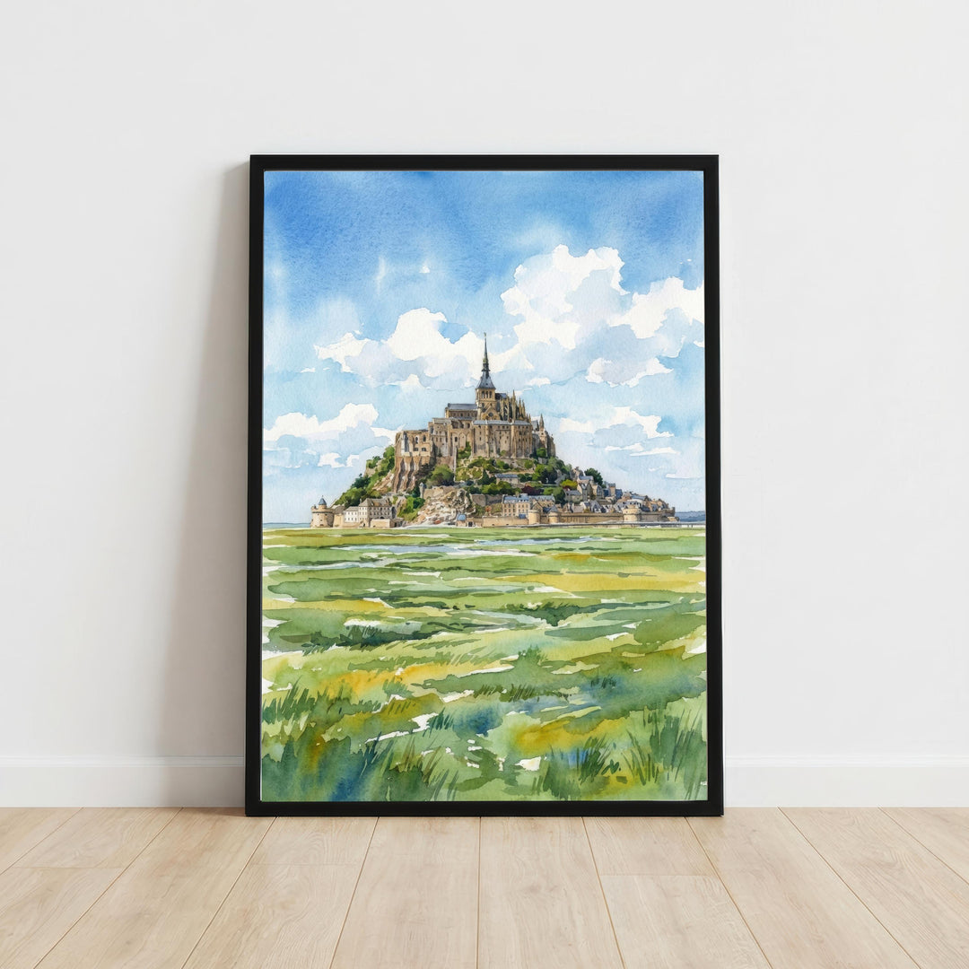 Mont Saint Michel France Watercolour Painting Poster Wall Art Historic Coastal Landscape Print Gift for Europe Travel Lovers and Scenic