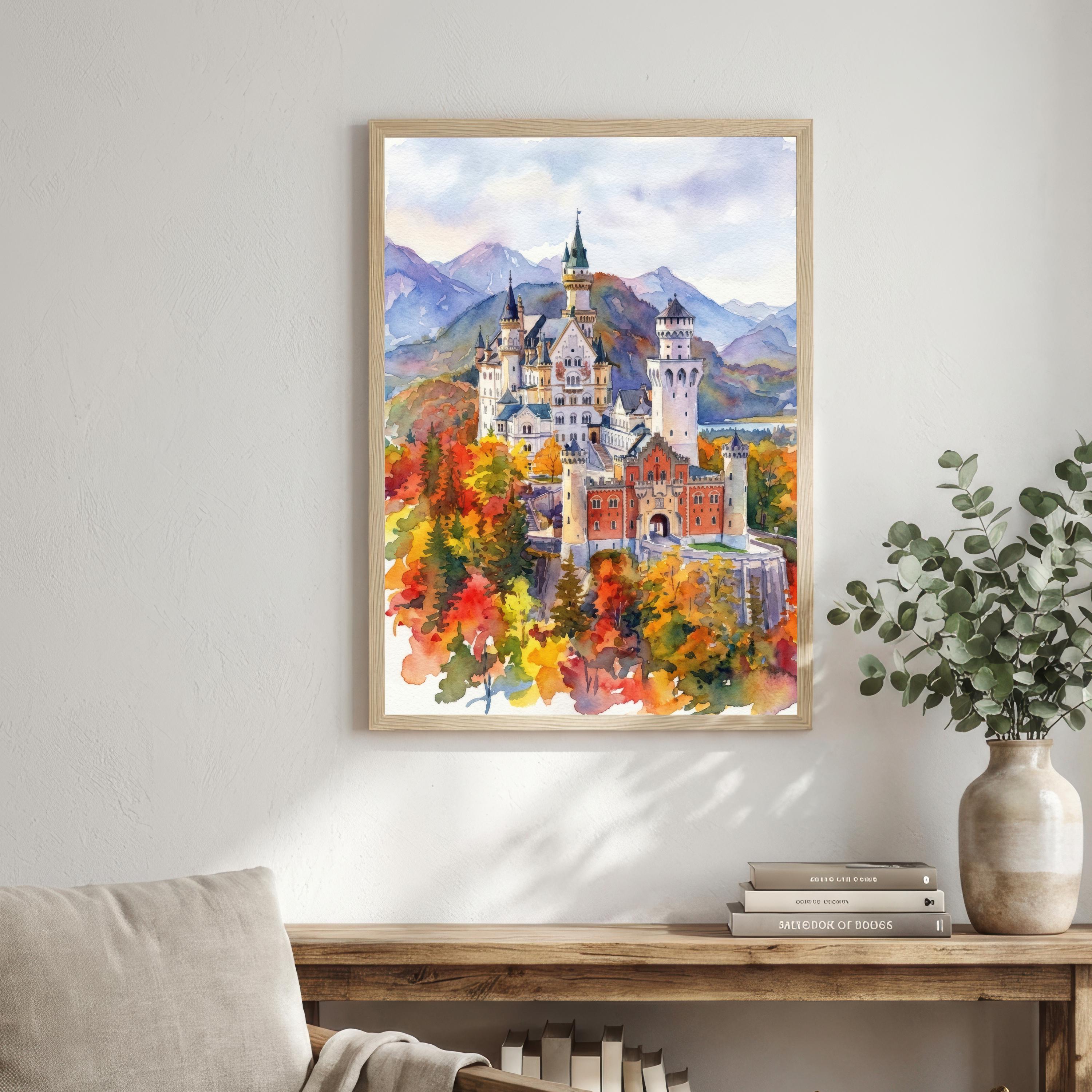 Neuschwanstein Watercolour Painting Poster Germany Wall Art Castle Mountain Landscape Print Gift for Europe Travel Lovers and Scenic Decor