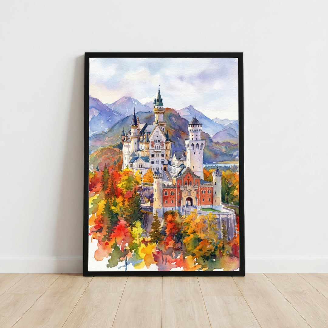 Neuschwanstein Watercolour Painting Poster Germany Wall Art Castle Mountain Landscape Print Gift for Europe Travel Lovers and Scenic Decor