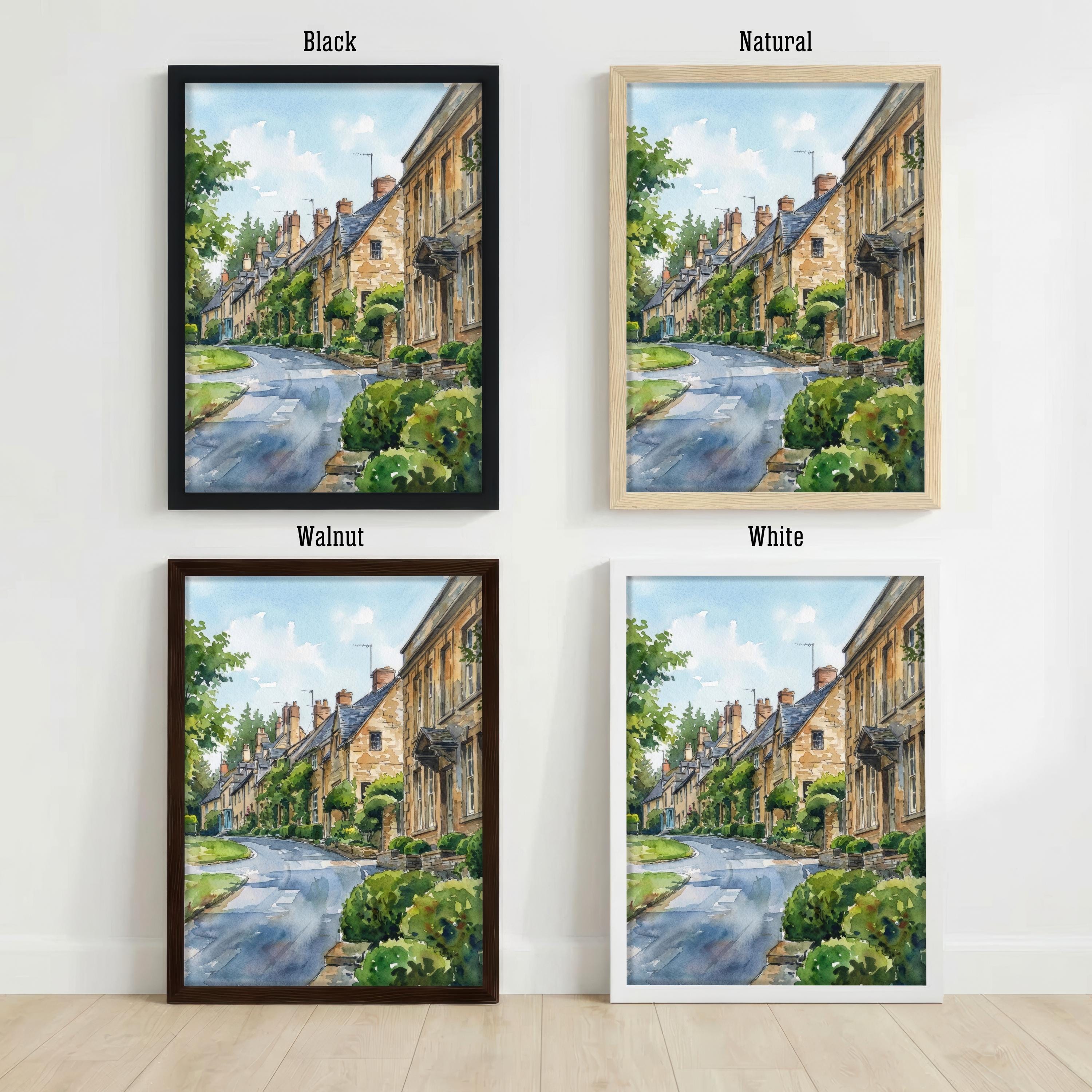 Cotswolds Watercolour Painting Poster England Wall Art Countryside Village Landscape Print Gift for UK Travel Lovers and Scenic Decor Fans