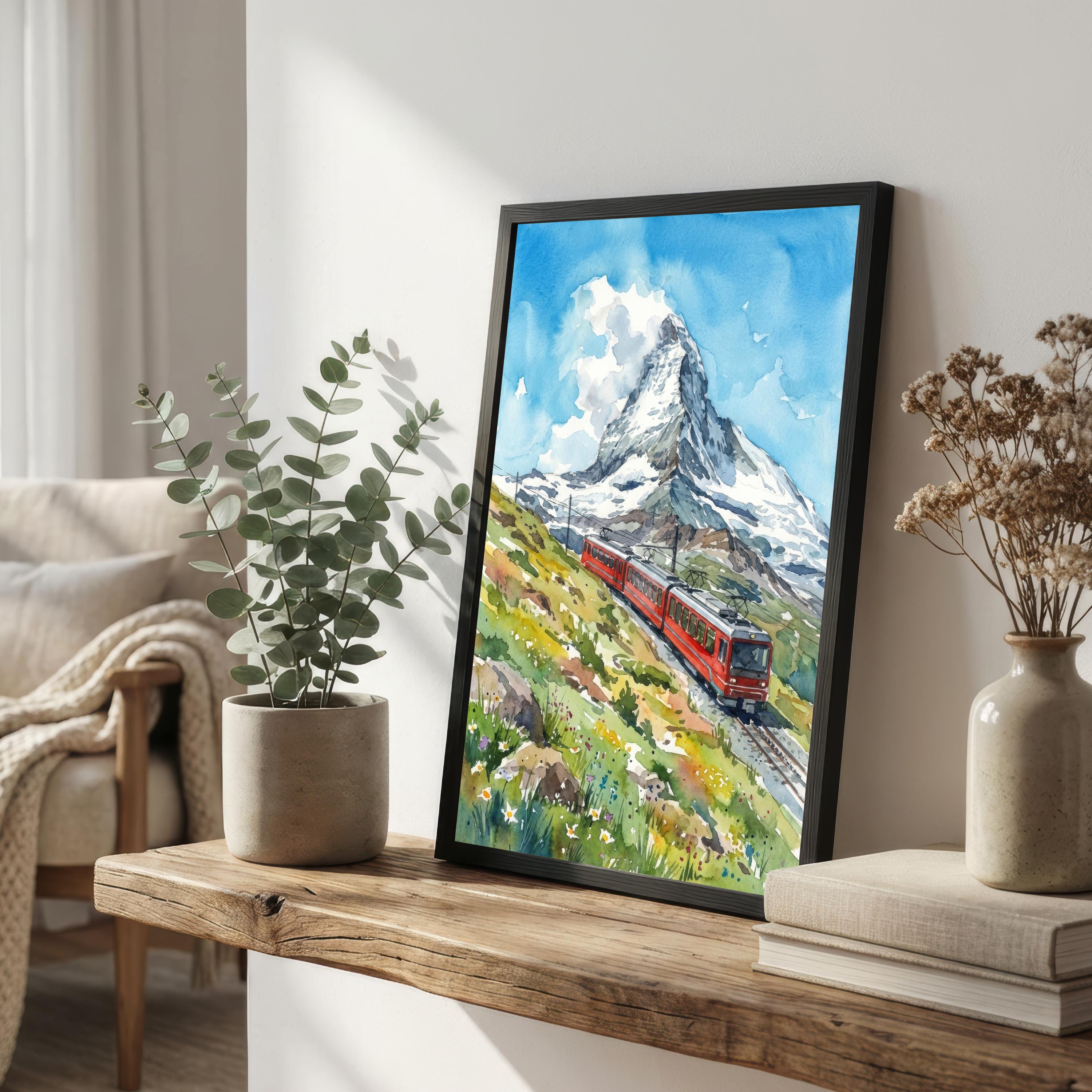 Zermatt Watercolour Painting Poster Switzerland Wall Art Alpine Mountain Village Landscape Print Gift for Europe Travel Lovers and Scenic