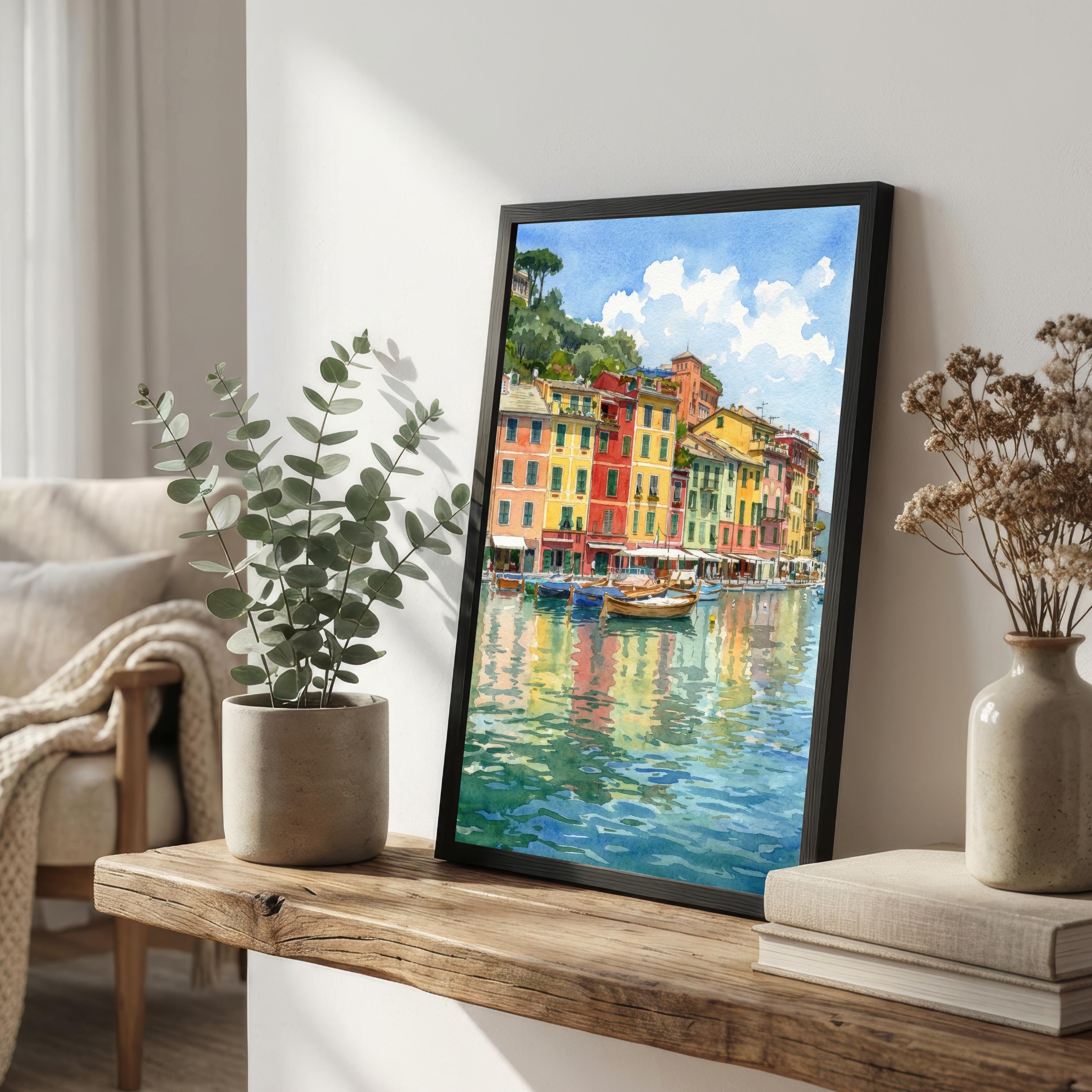 Portofino Harbour Watercolour Painting Poster Italy Wall Art Coastal Village Landscape Print Gift for Europe Travel Lovers and Scenic