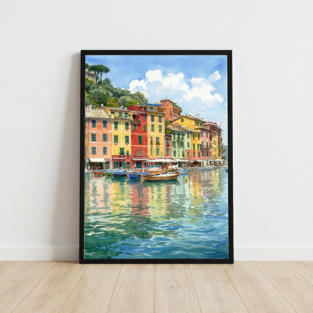 Portofino Harbour Watercolour Painting Poster Italy Wall Art Coastal Village Landscape Print Gift for Europe Travel Lovers and Scenic