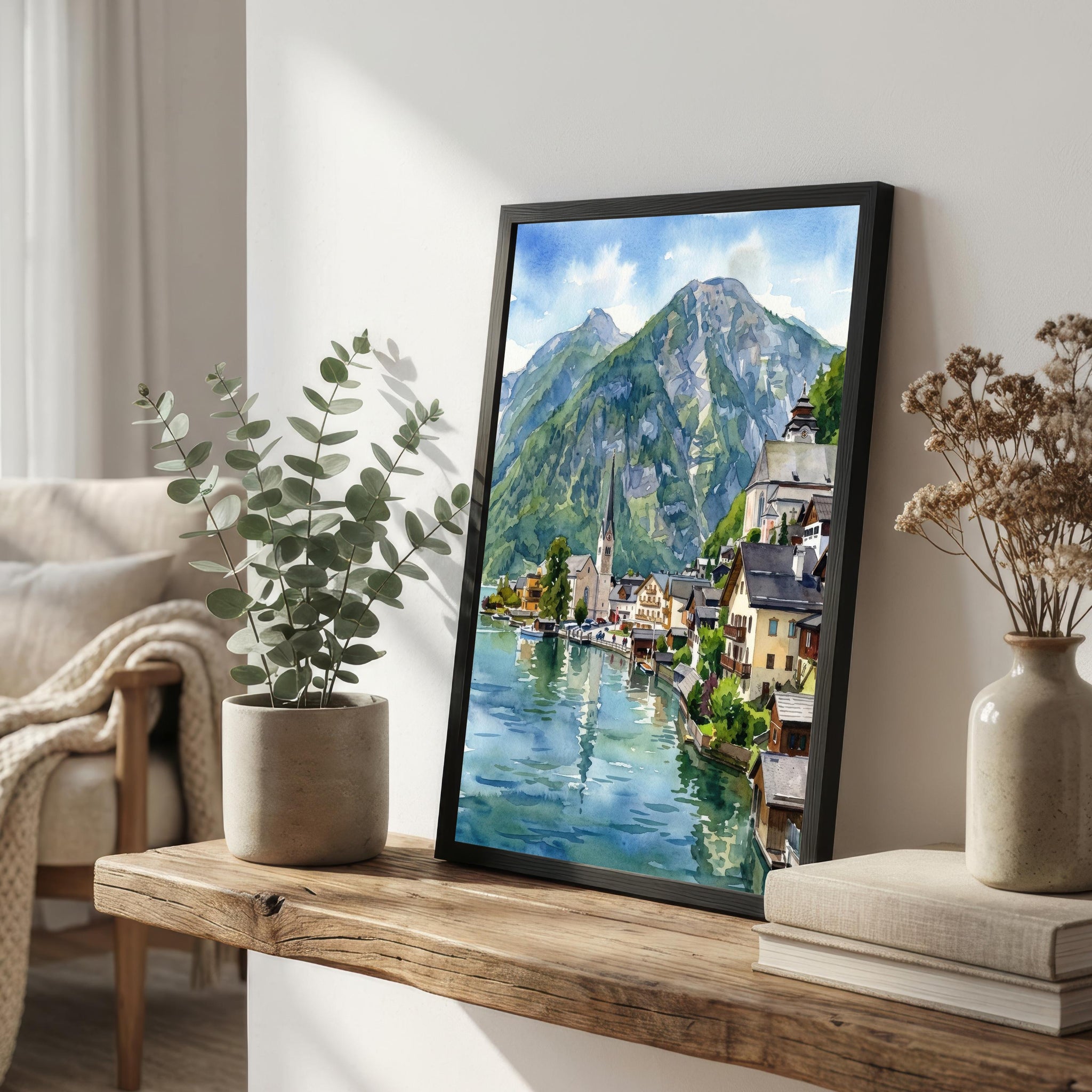 Hallstatt Village Austria Watercolor Painting Poster Alpine Lake Landscape Print Gift for Europe Travel Lovers and Scenic Decor Fans
