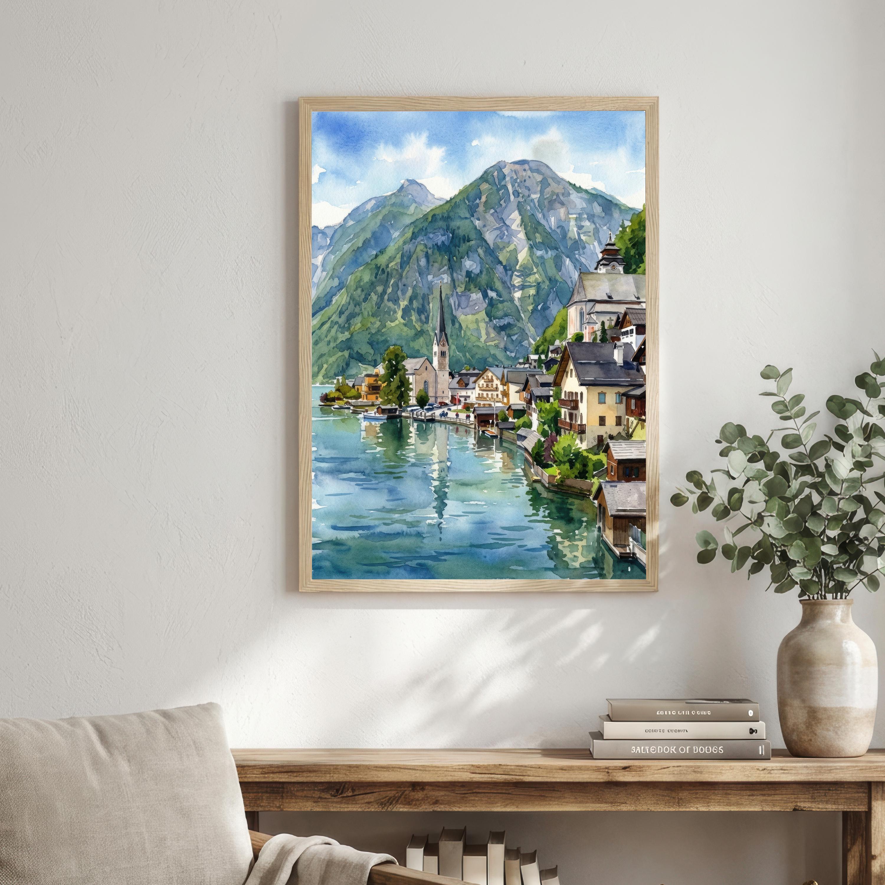 Hallstatt Village Austria Watercolor Painting Poster Alpine Lake Landscape Print Gift for Europe Travel Lovers and Scenic Decor Fans