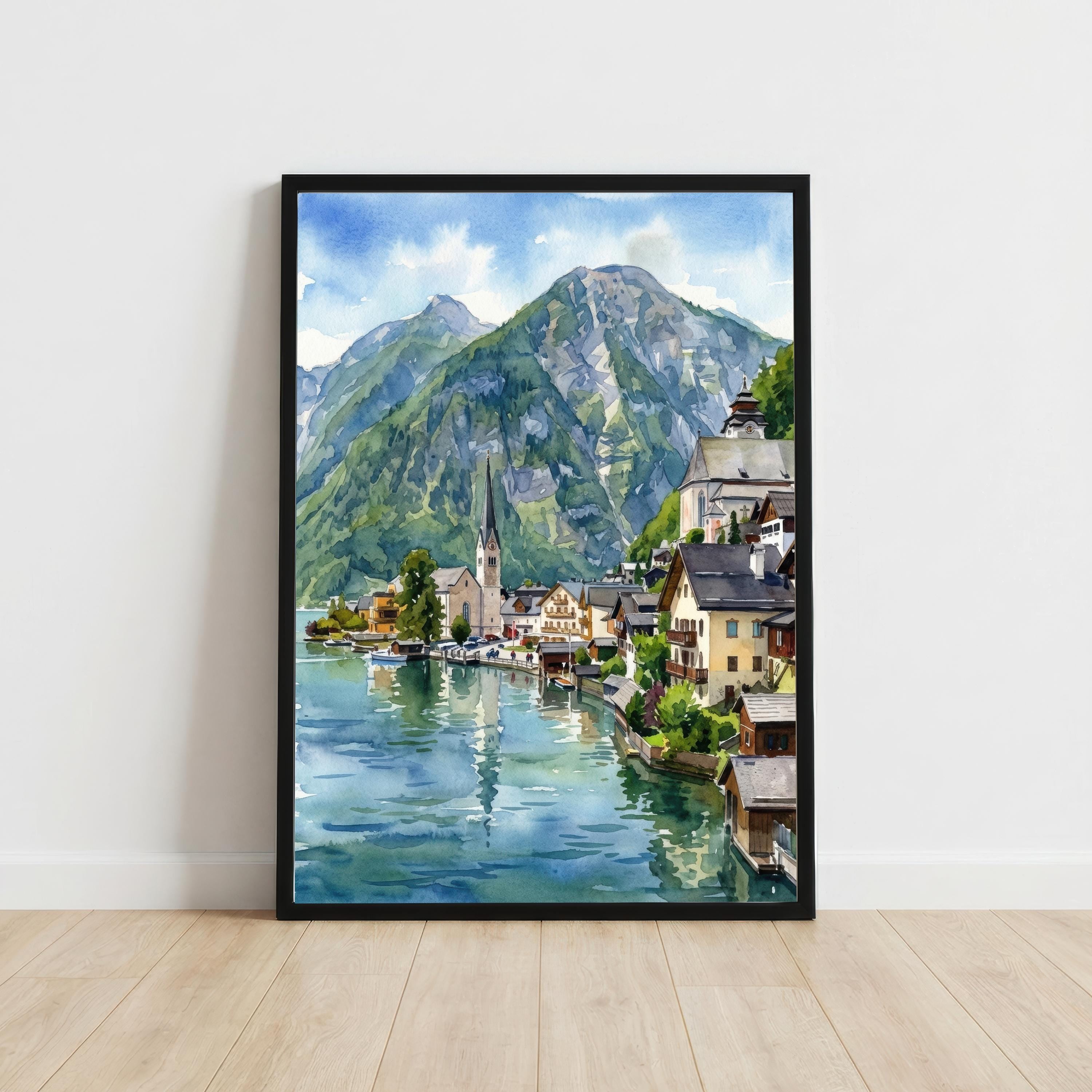 Hallstatt Village Austria Watercolor Painting Poster Alpine Lake Landscape Print Gift for Europe Travel Lovers and Scenic Decor Fans