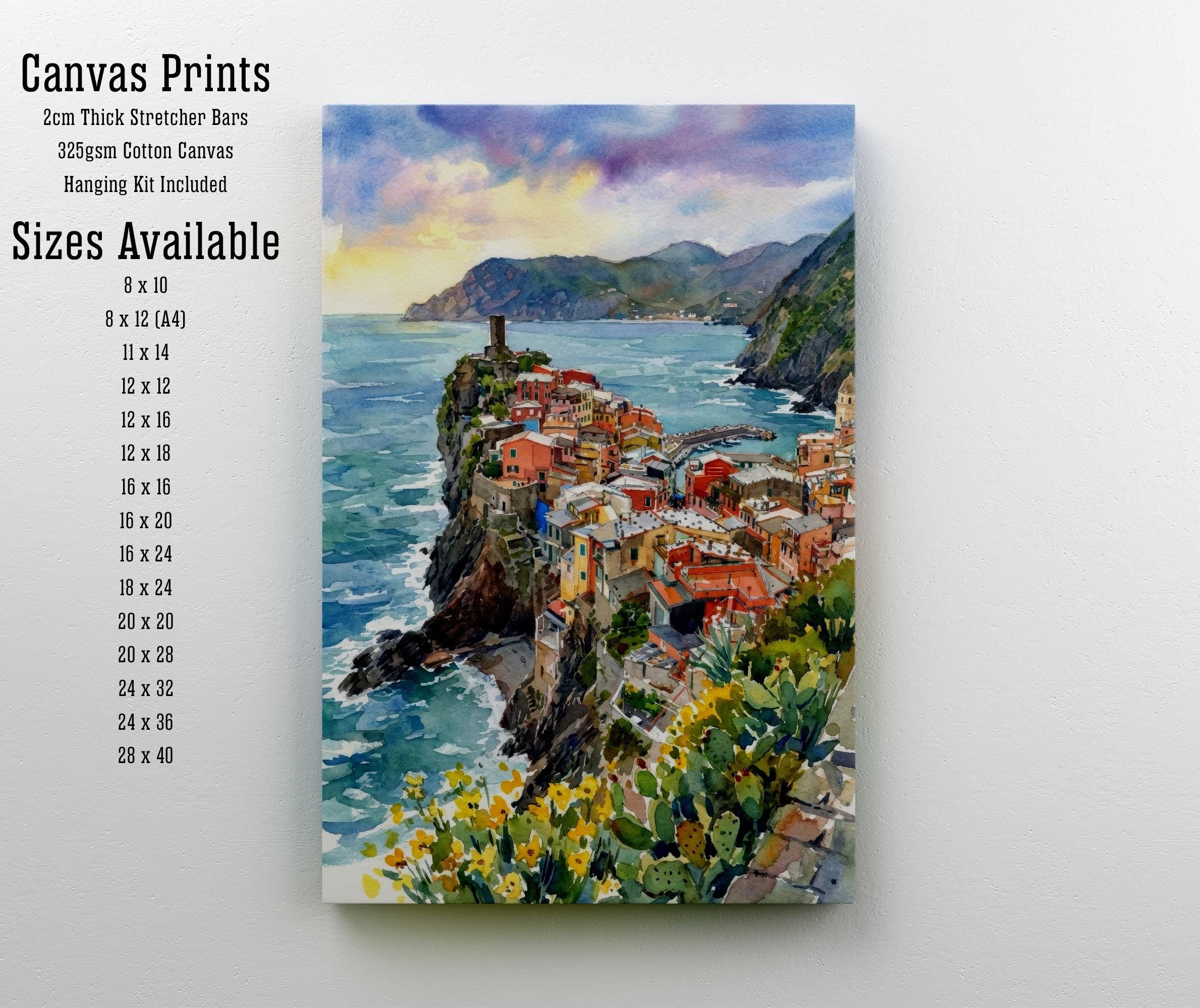 Cinque Terre Watercolour Painting Poster, Italy Coastal Village Landscape Print, Scenic Decor