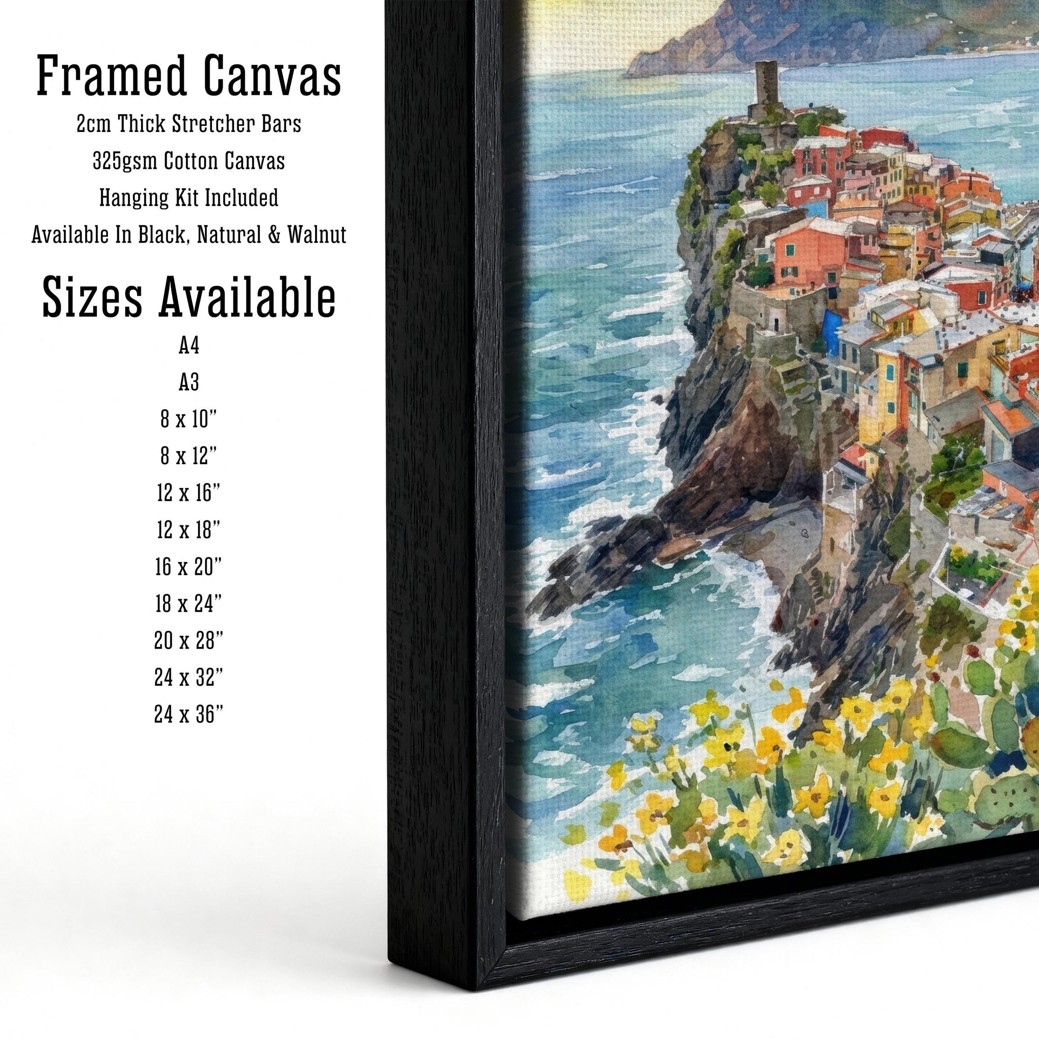 Cinque Terre Watercolour Painting Poster, Italy Coastal Village Landscape Print, Scenic Decor