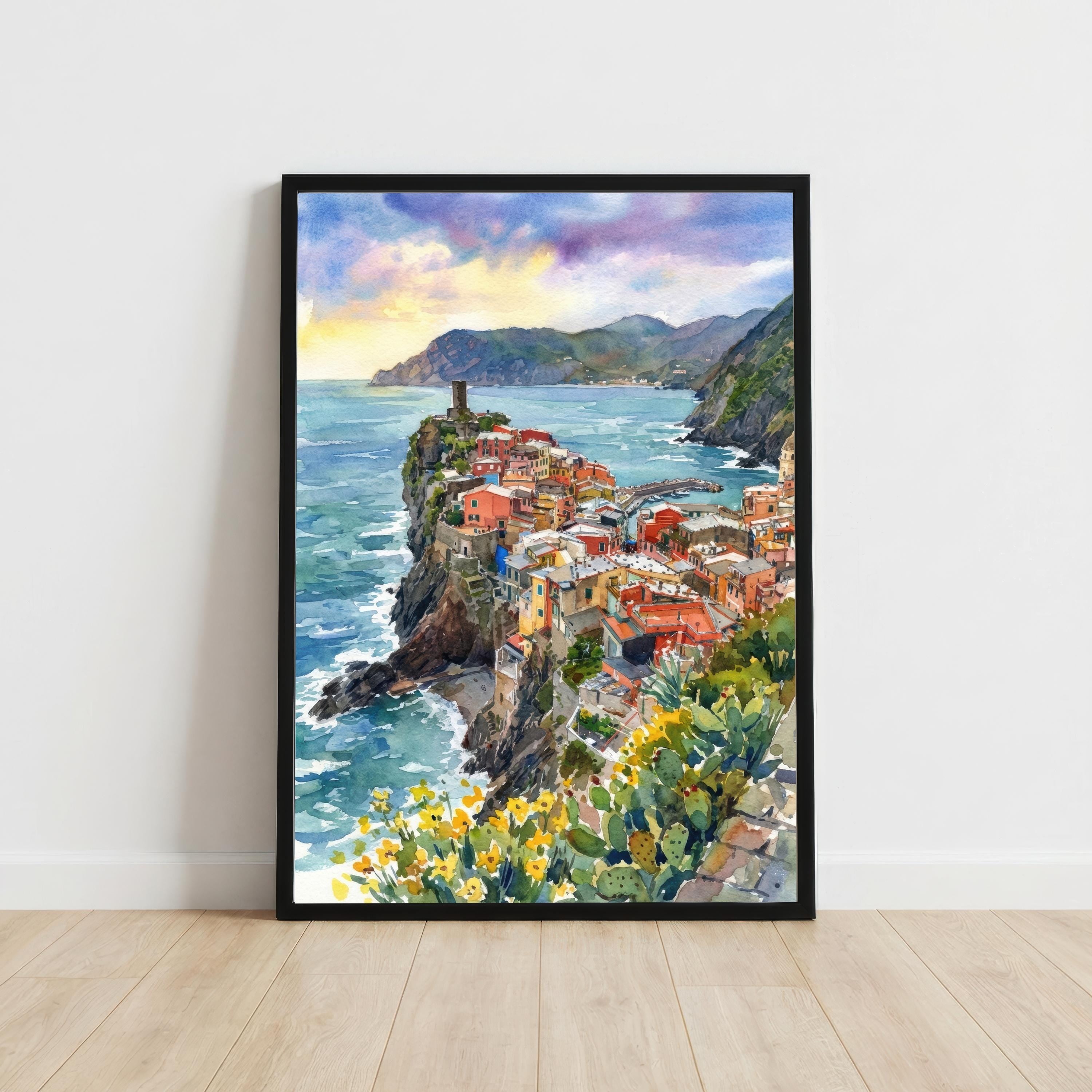 Cinque Terre Watercolour Painting Poster, Italy Coastal Village Landscape Print, Scenic Decor
