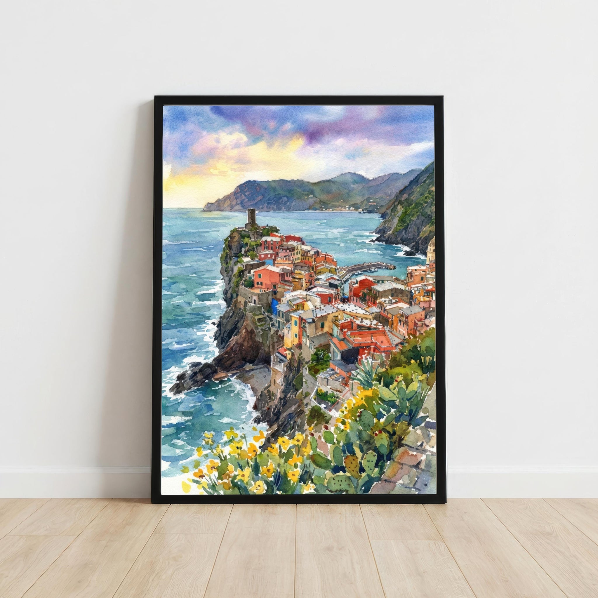 Cinque Terre Watercolour Painting Poster, Italy Coastal Village Landscape Print, Scenic Decor