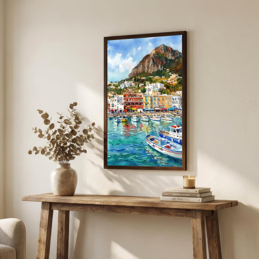 Capri Italy Watercolour Painting Poster Coastal Island Landscape Print Gift for Europe Travel Lovers and Fans of Scenic Mediterranean Decor