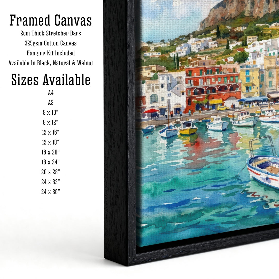 Capri Italy Watercolour Painting Poster Coastal Island Landscape Print Gift for Europe Travel Lovers and Fans of Scenic Mediterranean Decor