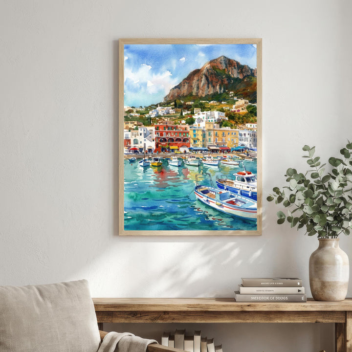 Capri Italy Watercolour Painting Poster Coastal Island Landscape Print Gift for Europe Travel Lovers and Fans of Scenic Mediterranean Decor