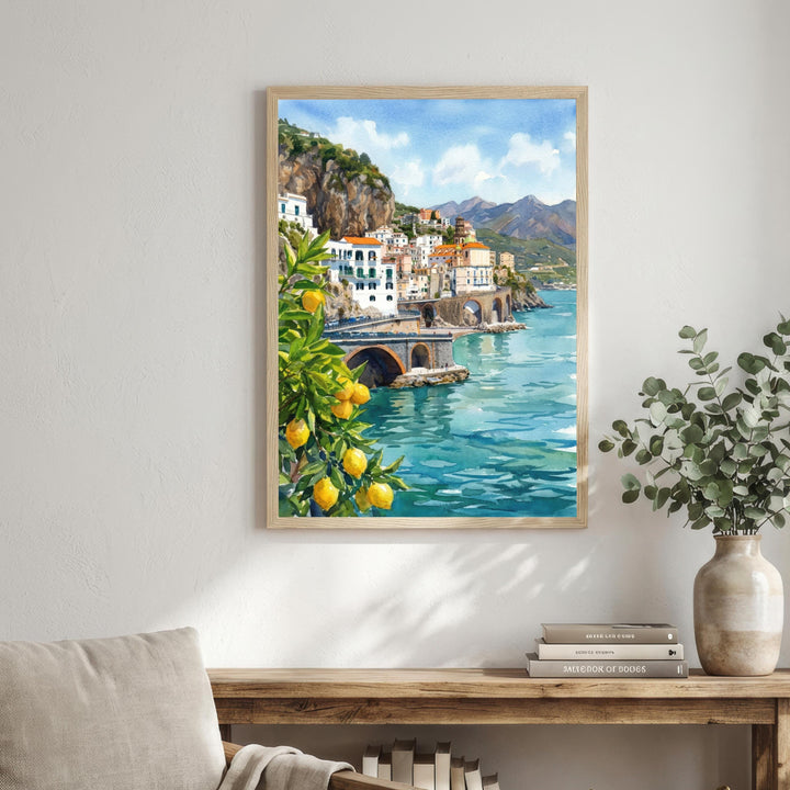 Amalfi Coast Watercolor Painting Poster Italy Wall Art Coastal Landscape Village Print Gift for Europe Travel Lovers and Scenic Decor Fans