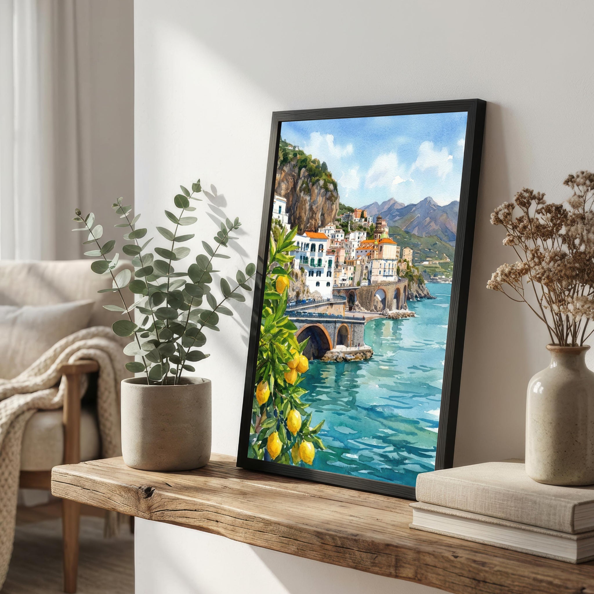 Amalfi Coast Watercolor Painting Poster Italy Wall Art Coastal Landscape Village Print Gift for Europe Travel Lovers and Scenic Decor Fans