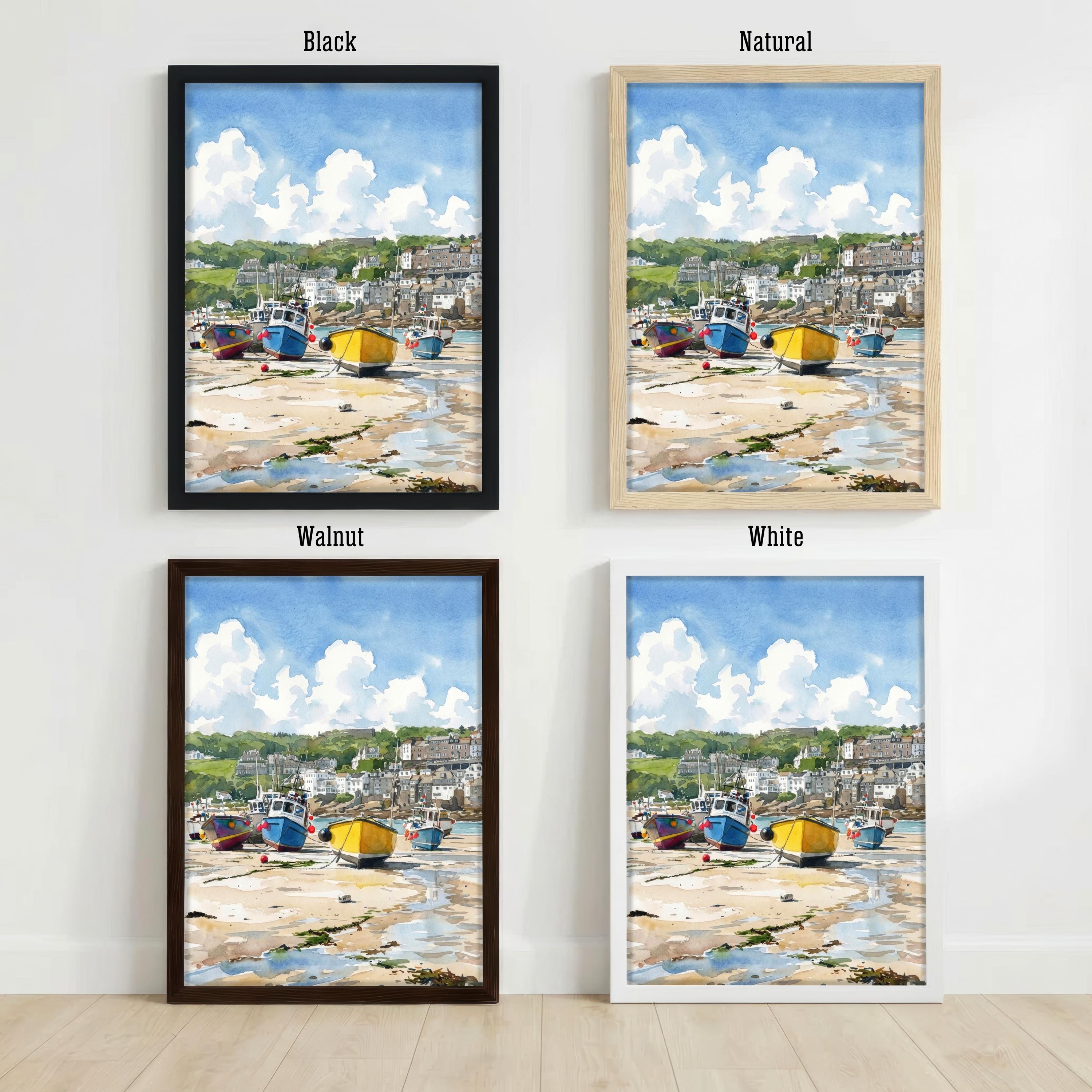 St Ives Harbour Cornwall Watercolour Painting Poster England Wall Art Coastal Village Landscape Print Gift for UK Travel Lovers and Scenic