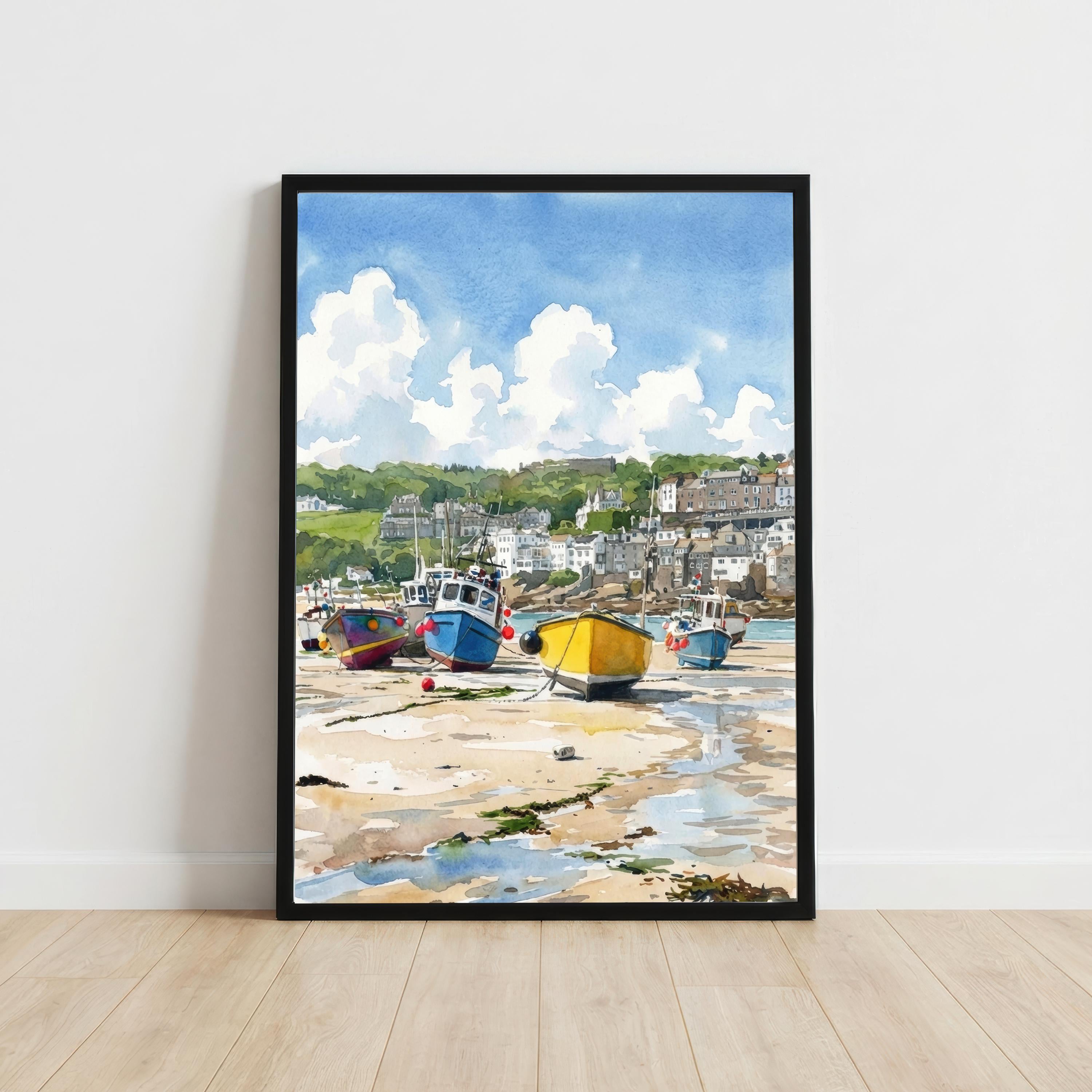 St Ives Harbour Cornwall Watercolour Painting Poster England Wall Art Coastal Village Landscape Print Gift for UK Travel Lovers and Scenic