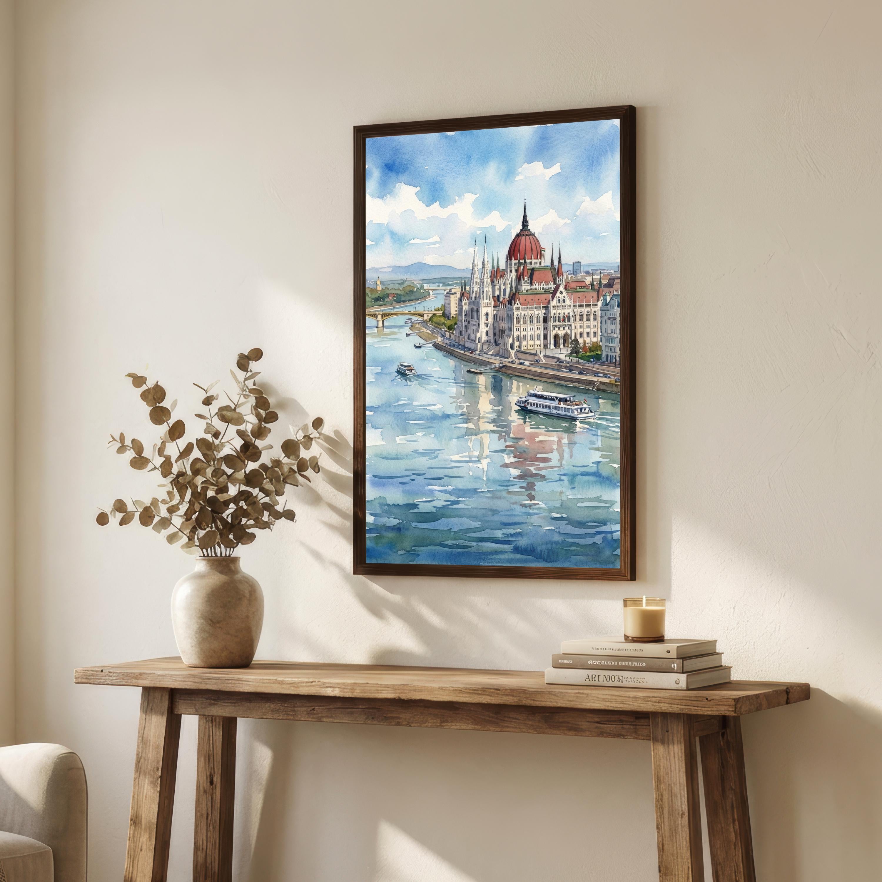 Budapest Watercolour Painting Poster, Hungary City Skyline Landscape Print