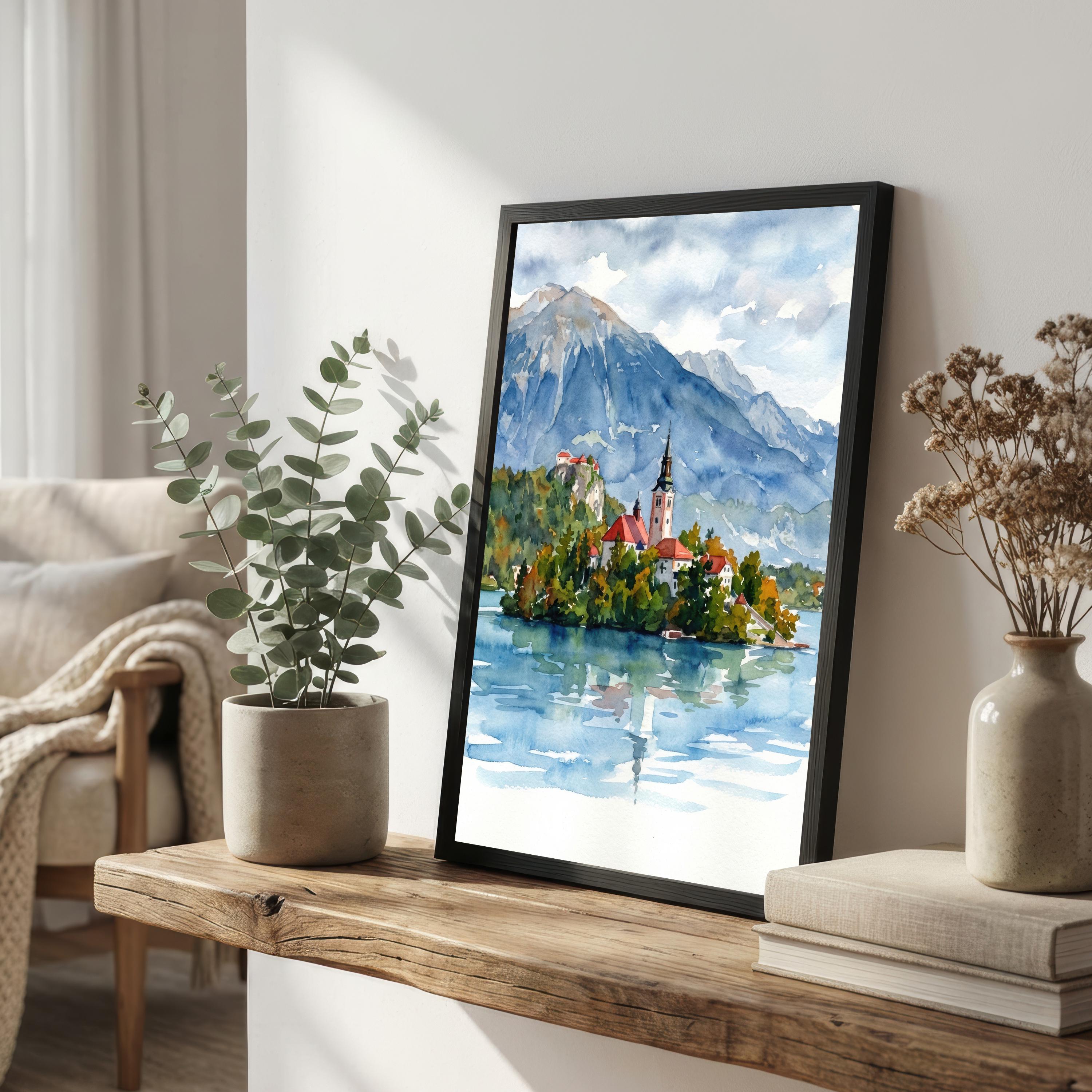 Lake Bled Island Watercolour Print, Slovenia Alpine Landscape Poster