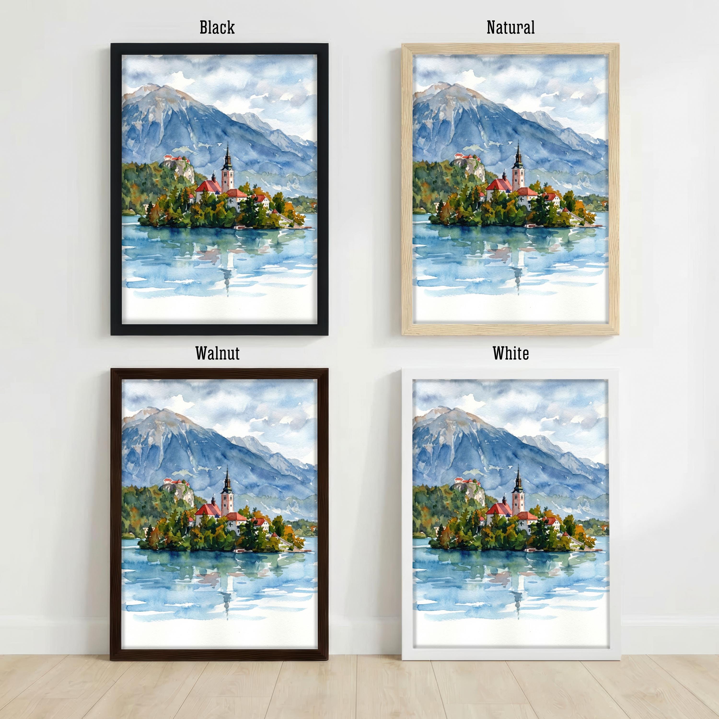 Lake Bled Island Watercolour Print, Slovenia Alpine Landscape Poster