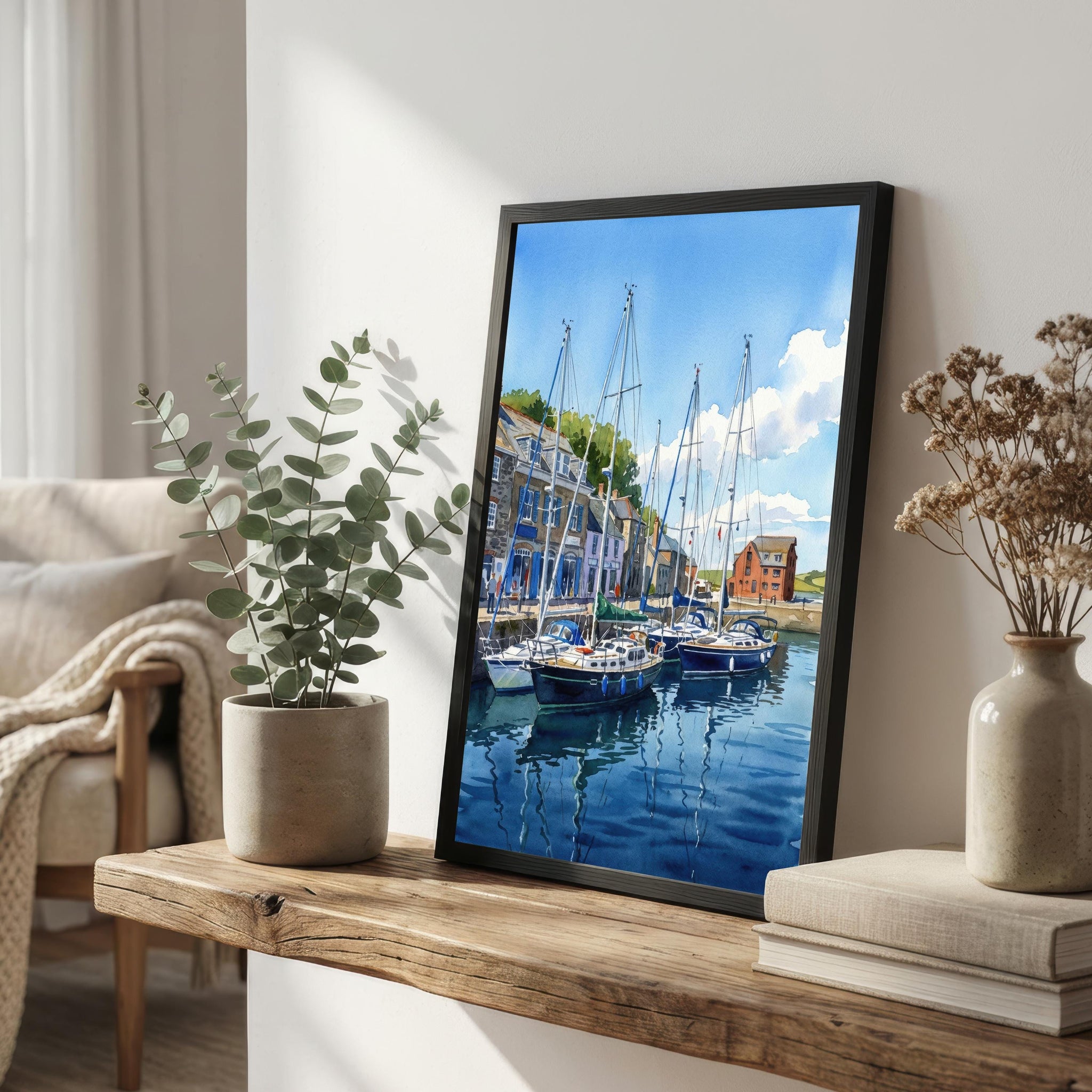 Padstow Harbour Watercolour Print, Cornwall Coastal Village Seaside Landscape Wall Art