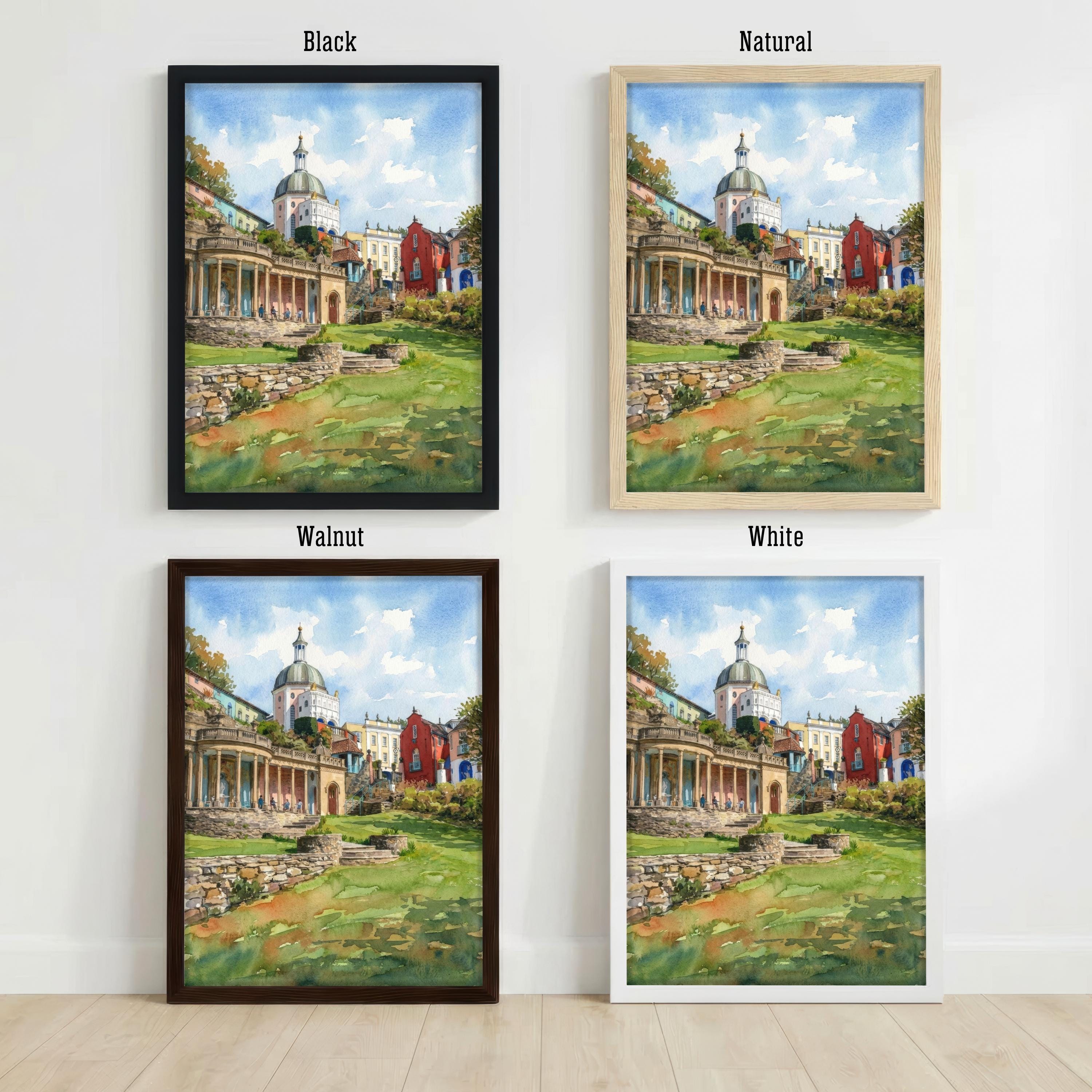 Portmeirion Village Wales Watercolour Print Coastal Landscape Wall Art UK Travel Decor