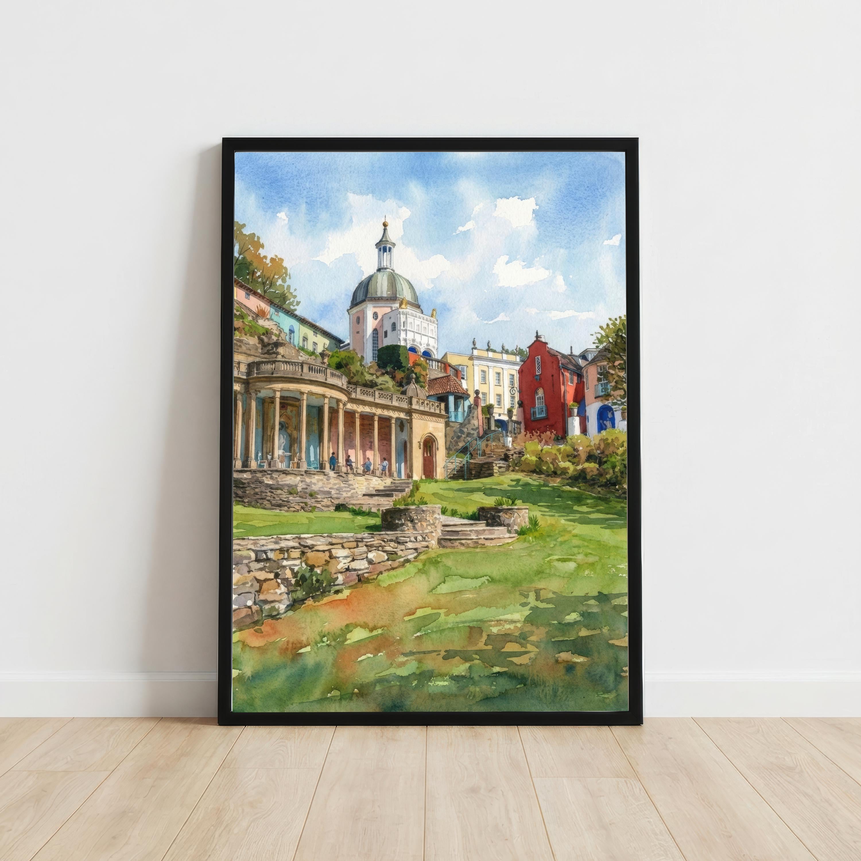 Portmeirion Village Wales Watercolour Print Coastal Landscape Wall Art UK Travel Decor