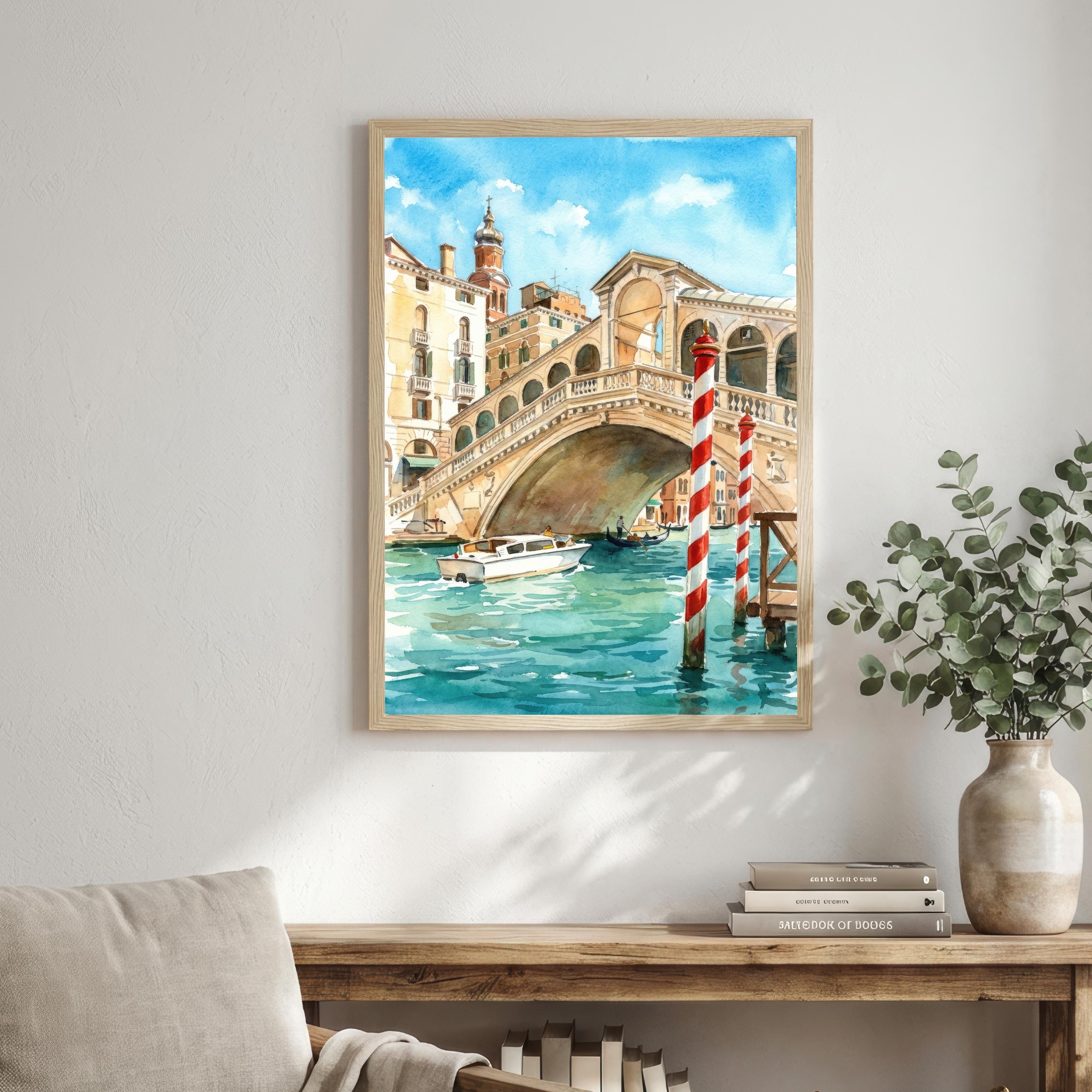 Rialto Bridge Venice Watercolour Painting: Italy Canal City Landscape Print