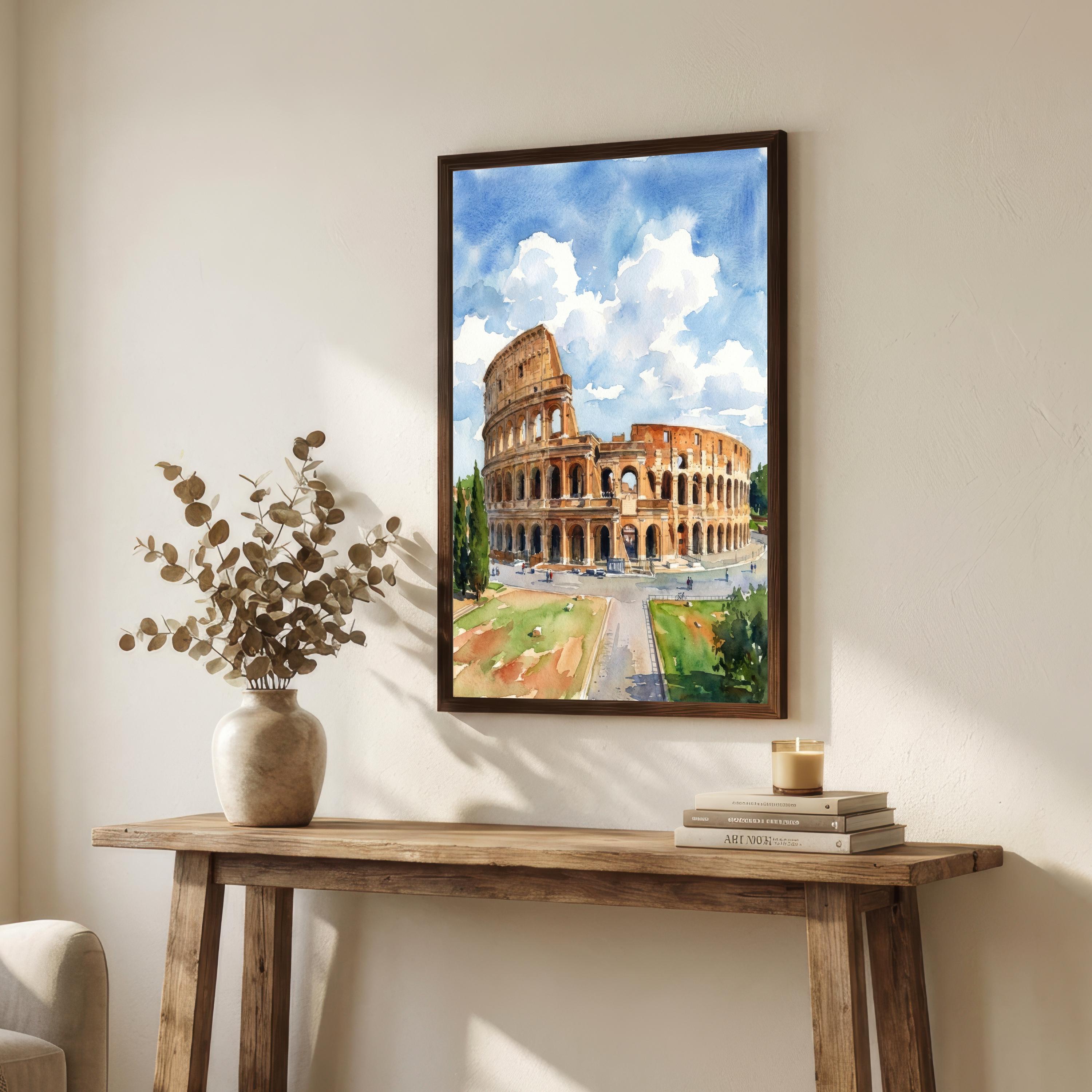 Rome Watercolour Painting Print Historic Colosseum Wall Art European Travel Decor