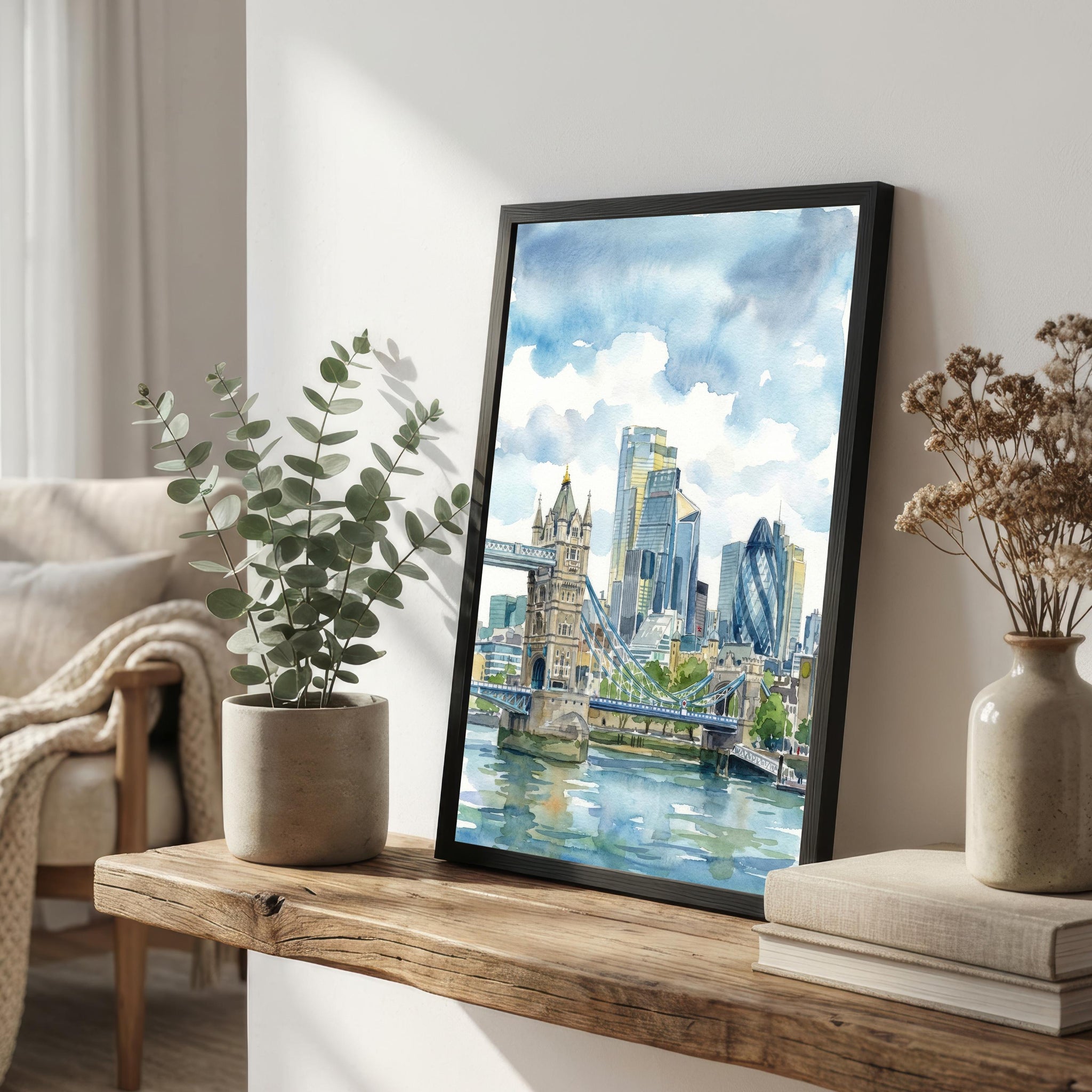 London Skyline Watercolour Painting England City Landscape Print for UK Travel Lovers