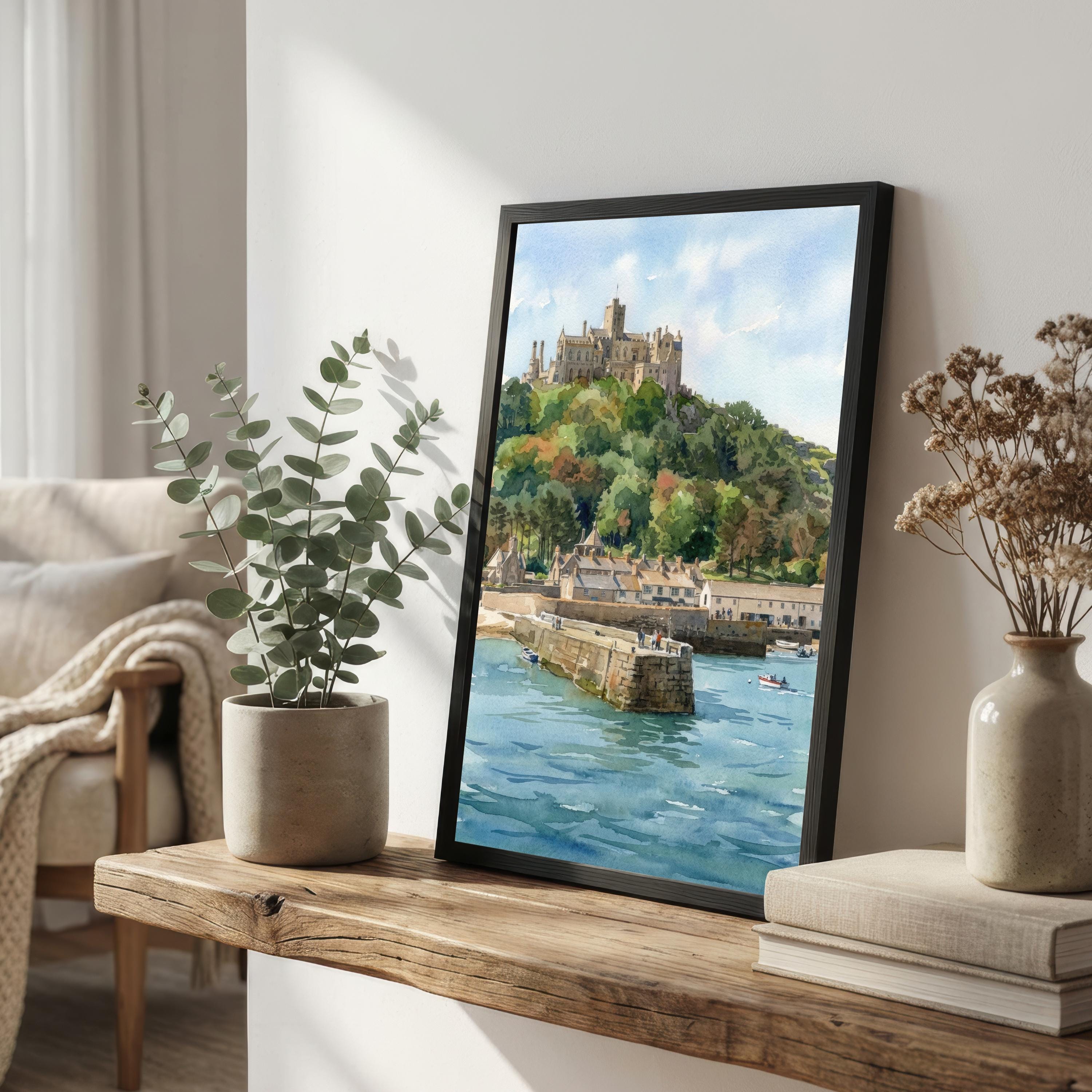 St Michaels Mount Watercolour Print, Cornwall Coastal Castle Landscape Wall Art
