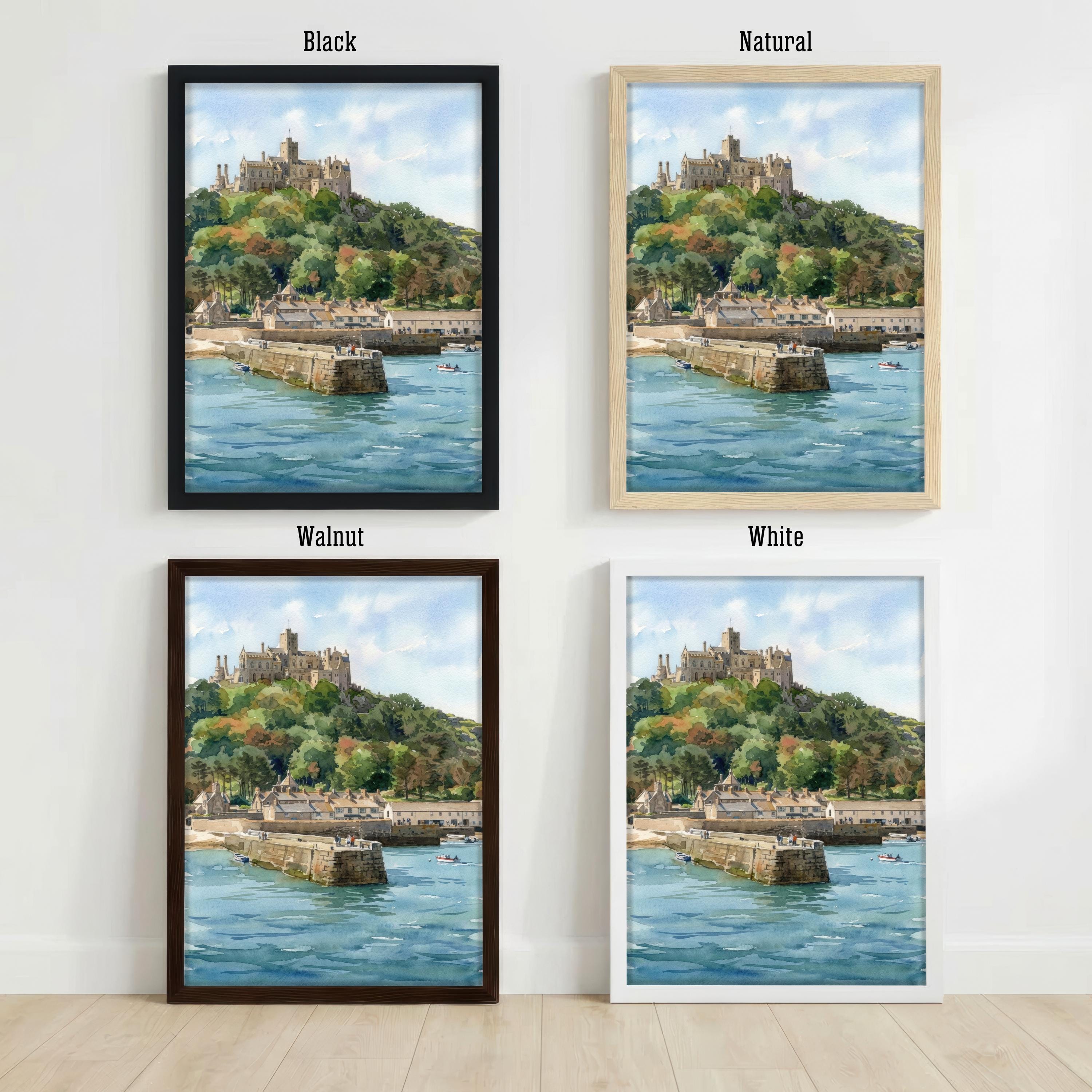 St Michaels Mount Watercolour Print, Cornwall Coastal Castle Landscape Wall Art