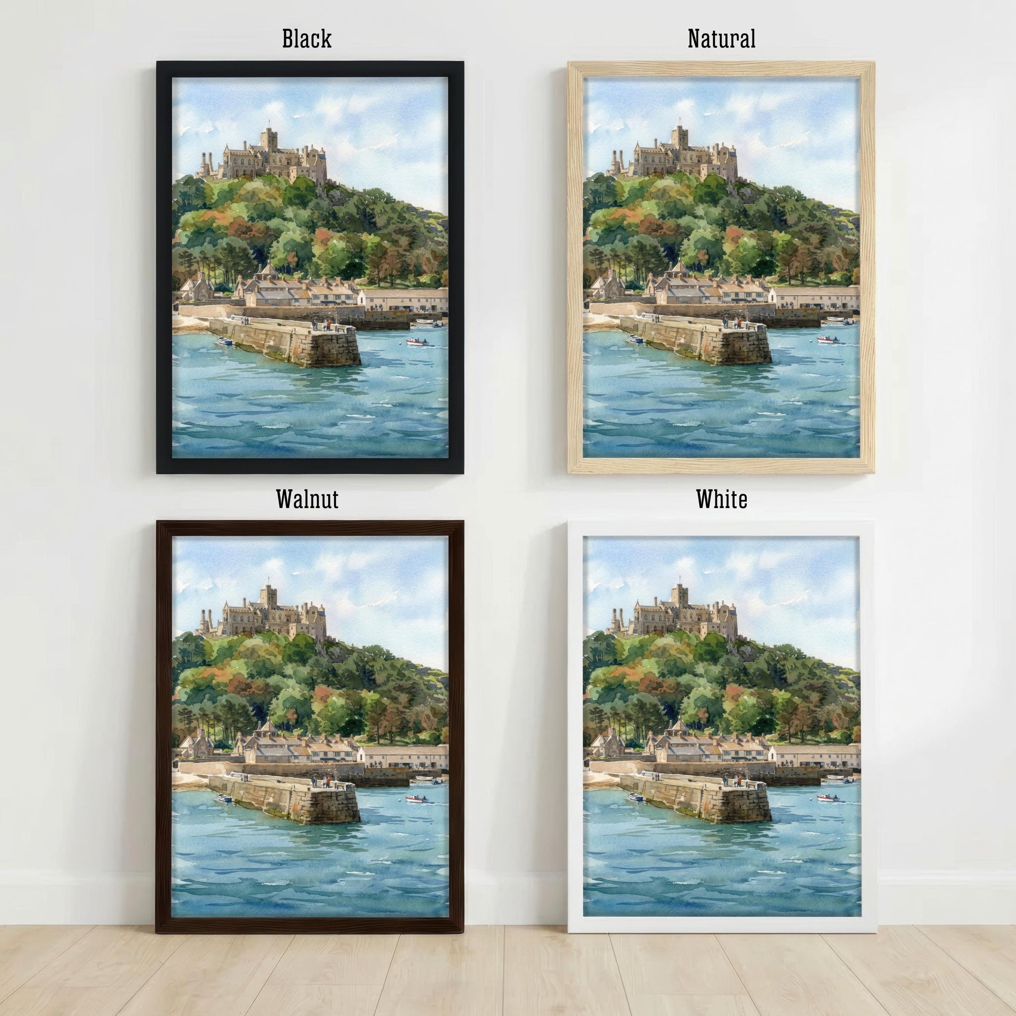 St Michaels Mount Watercolour Print, Cornwall Coastal Castle Landscape Wall Art