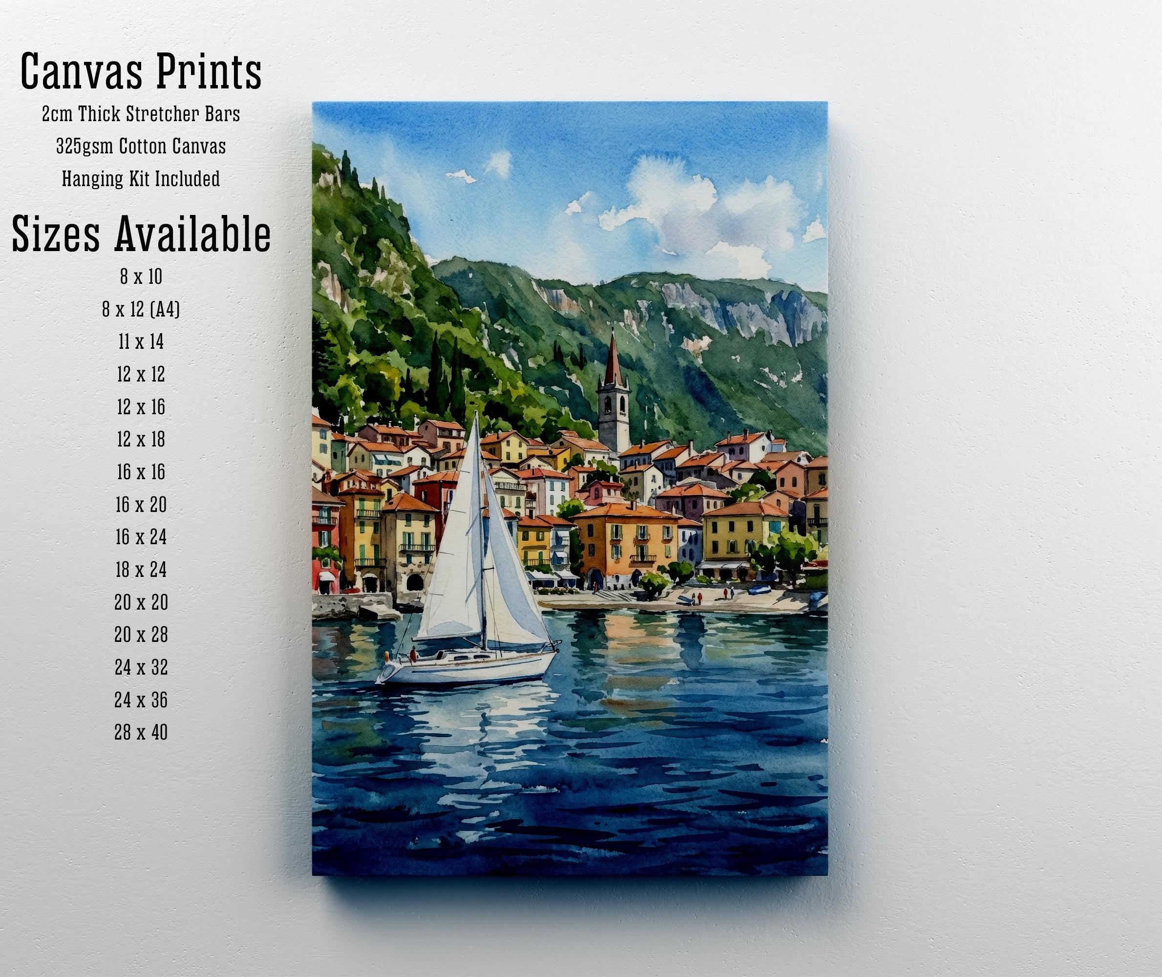 Lake Como Italy Watercolour Painting Print: Alpine Lake Landscape Scenery
