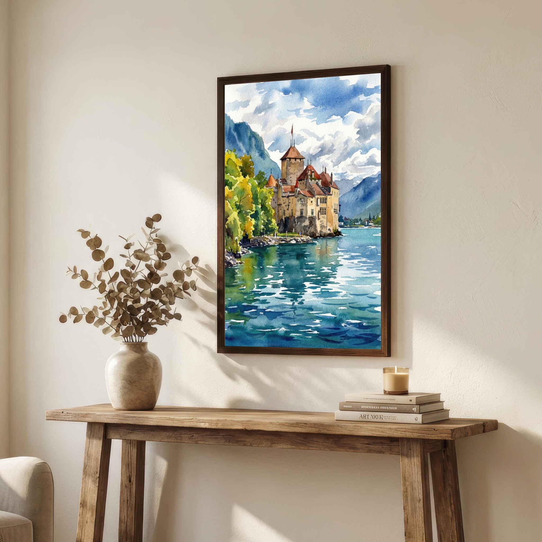 Montreux Lake Geneva Watercolour Print Alpine Landscape Wall Art Switzerland