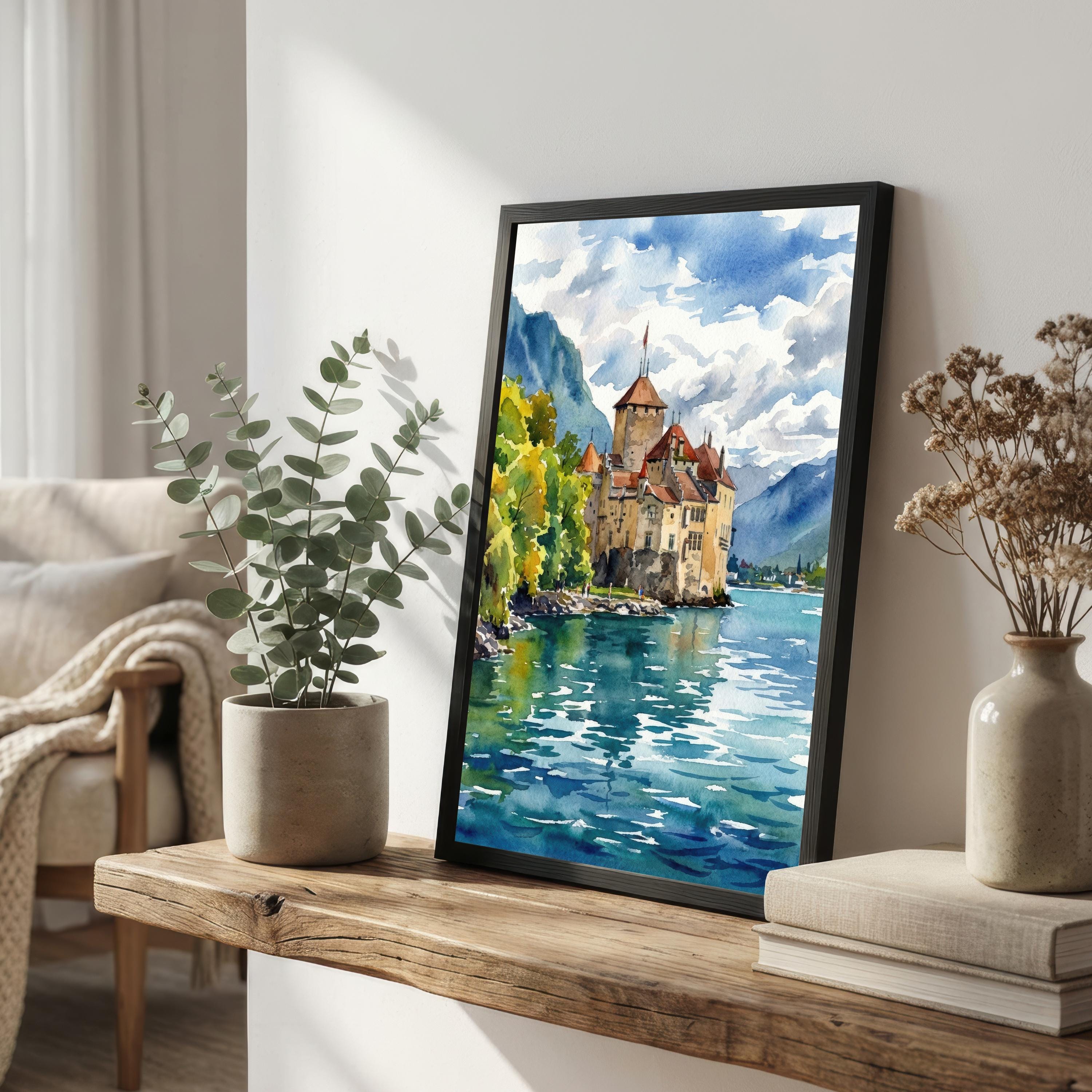 Montreux Lake Geneva Watercolour Print Alpine Landscape Wall Art Switzerland