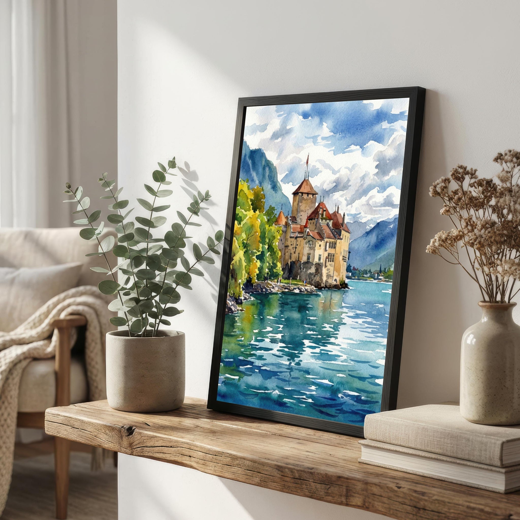 Montreux Lake Geneva Watercolour Print Alpine Landscape Wall Art Switzerland