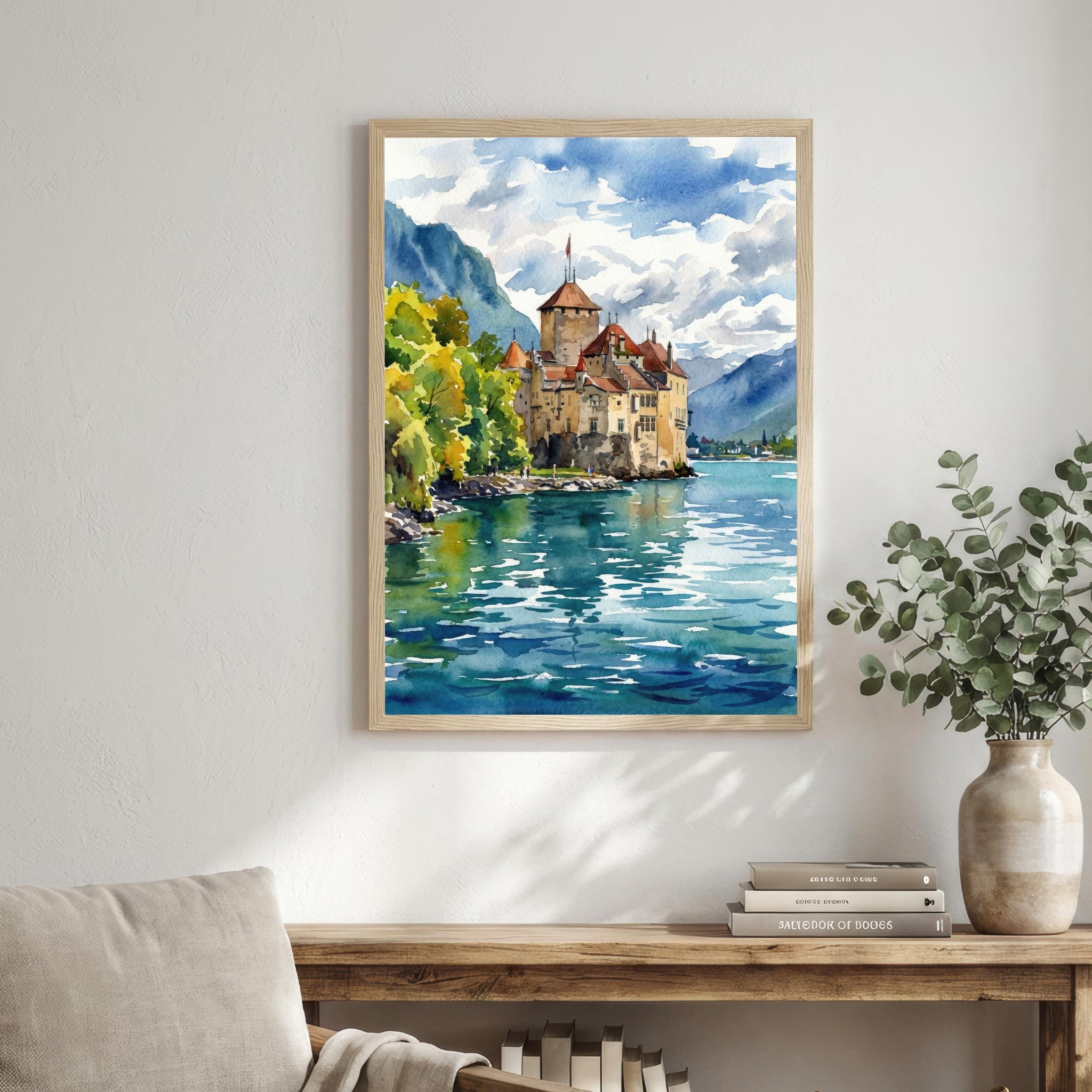 Montreux Lake Geneva Watercolour Print Alpine Landscape Wall Art Switzerland
