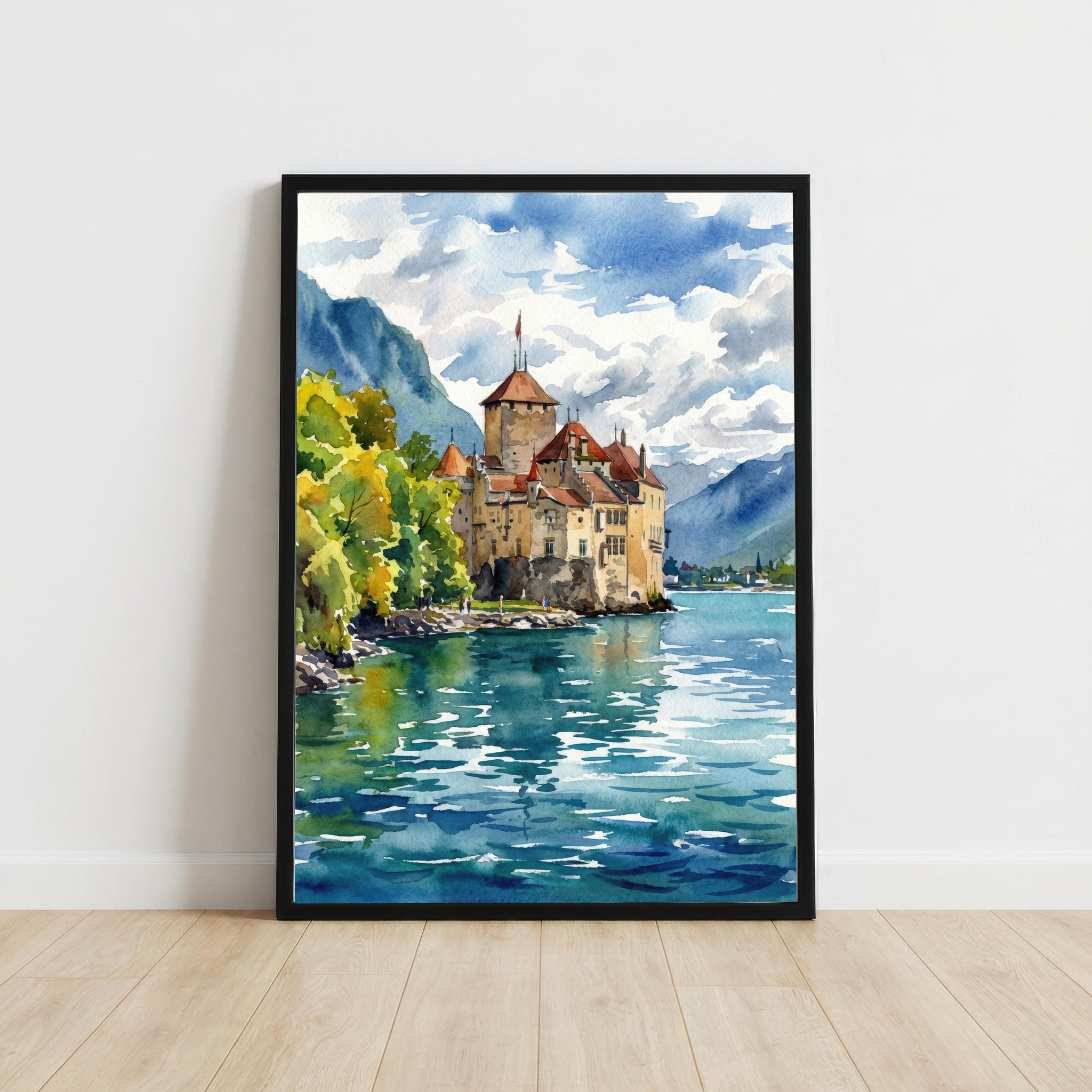 Montreux Lake Geneva Watercolour Print Alpine Landscape Wall Art Switzerland