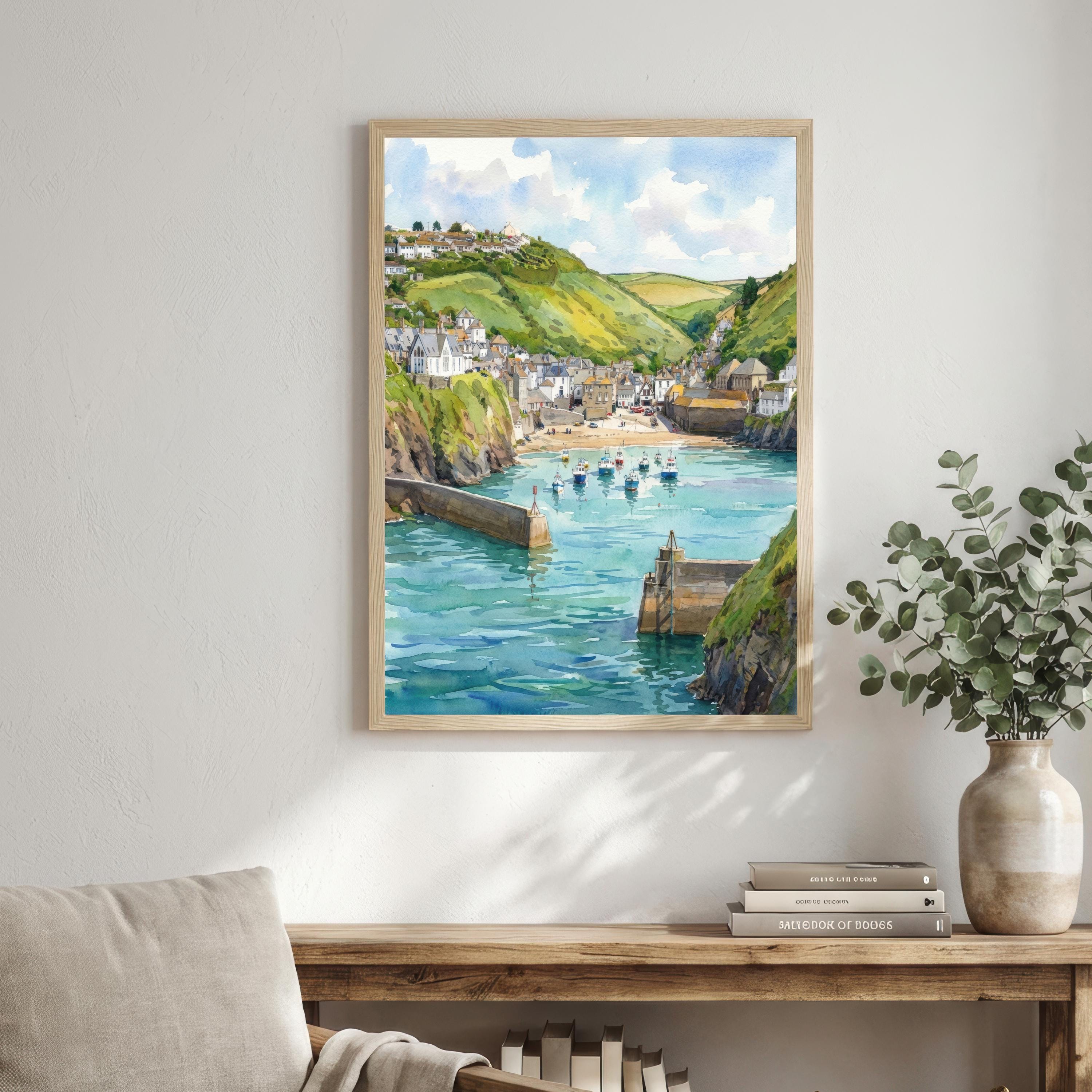 Port Isaac Harbour Watercolour Painting Poster Cornwall England Wall Art Coastal Village Landscape