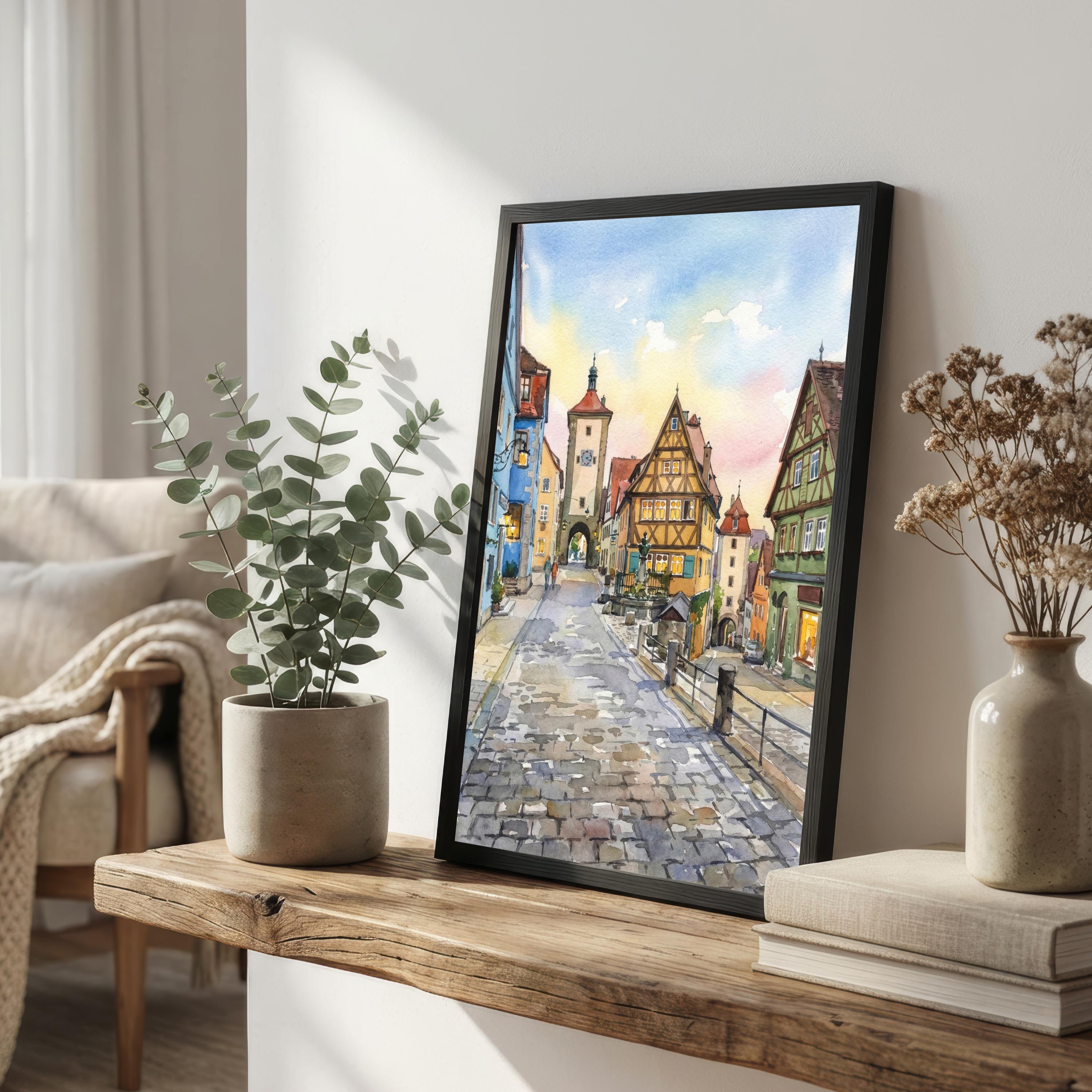 Rothenburg Watercolor Painting Poster Historic Germany Town Landscape Print
