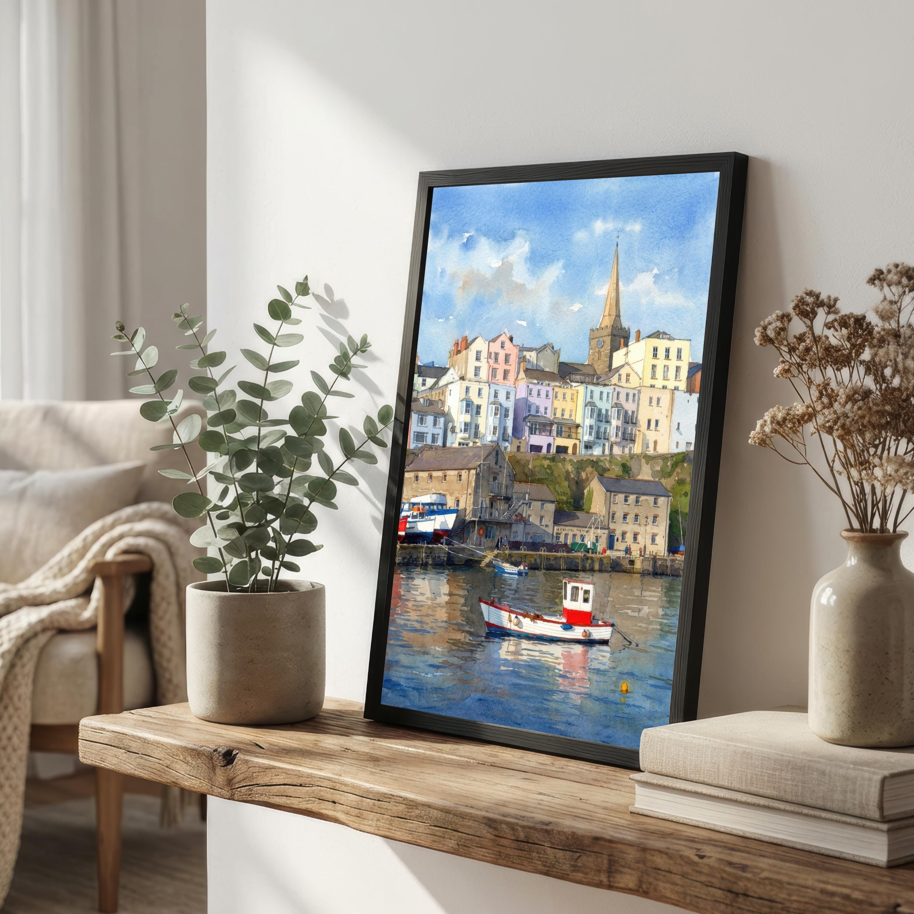 Tenby Watercolour Painting Poster, Wales Coastal Town Landscape Print, Scenic Decor
