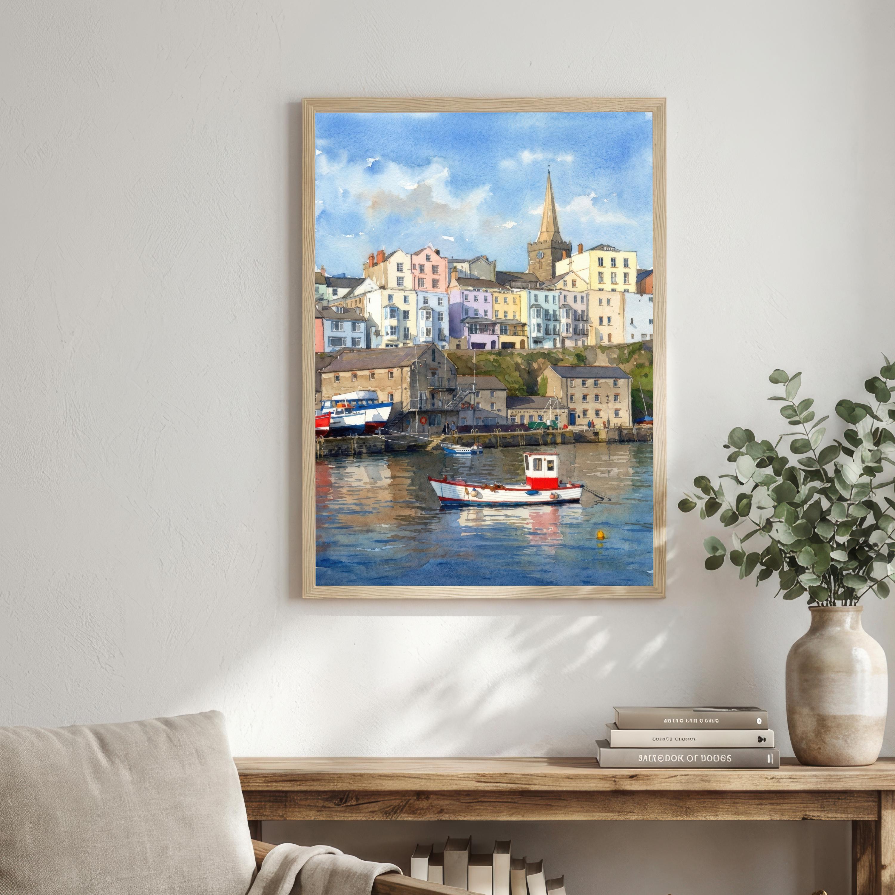 Tenby Watercolour Painting Poster, Wales Coastal Town Landscape Print, Scenic Decor