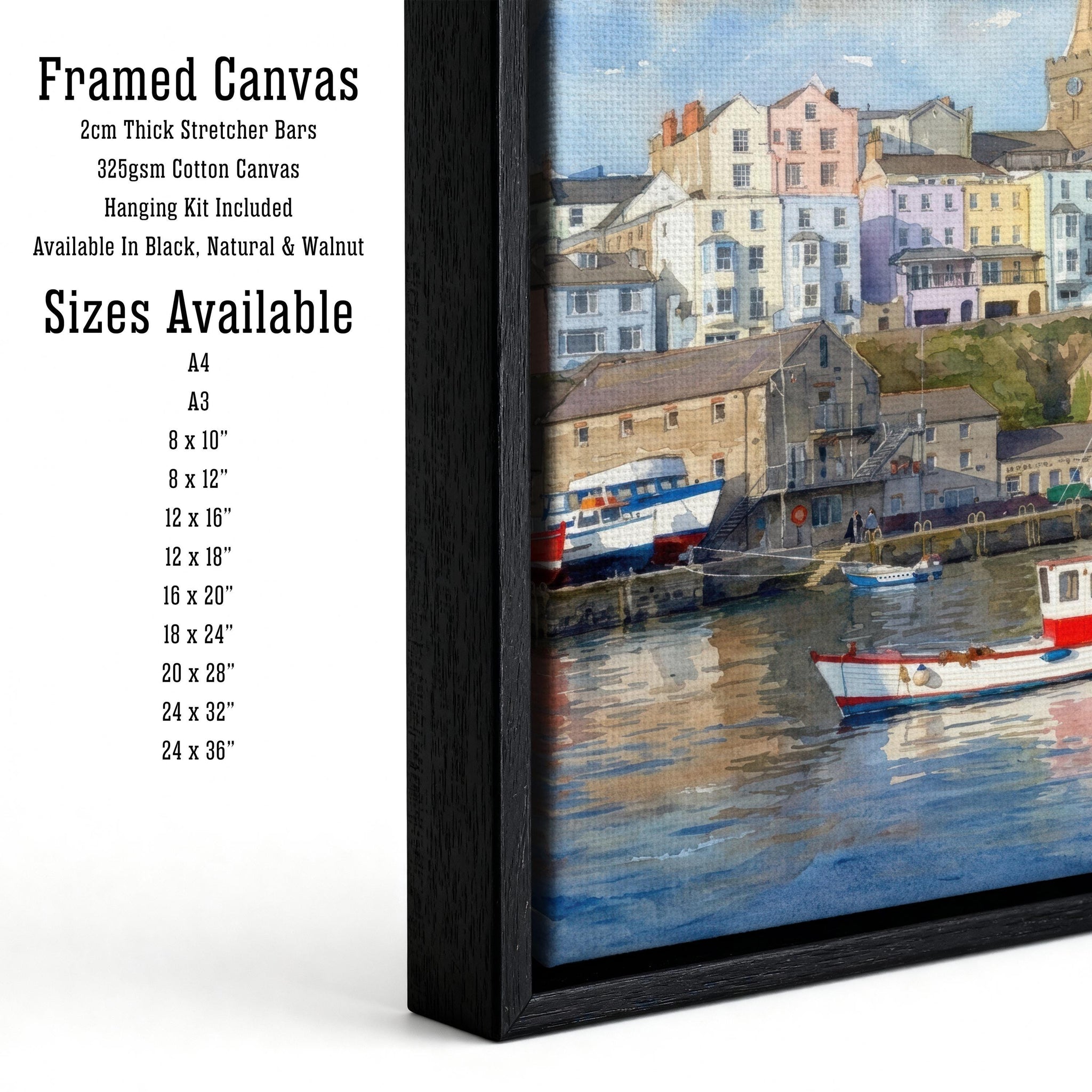 Tenby Watercolour Painting Poster, Wales Coastal Town Landscape Print, Scenic Decor