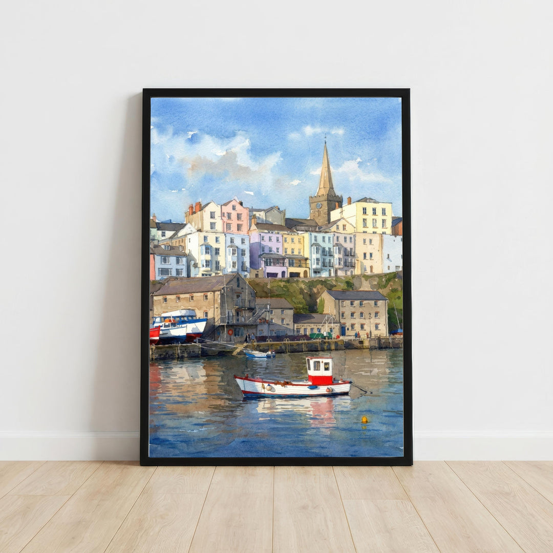 Tenby Watercolour Painting Poster, Wales Coastal Town Landscape Print, Scenic Decor