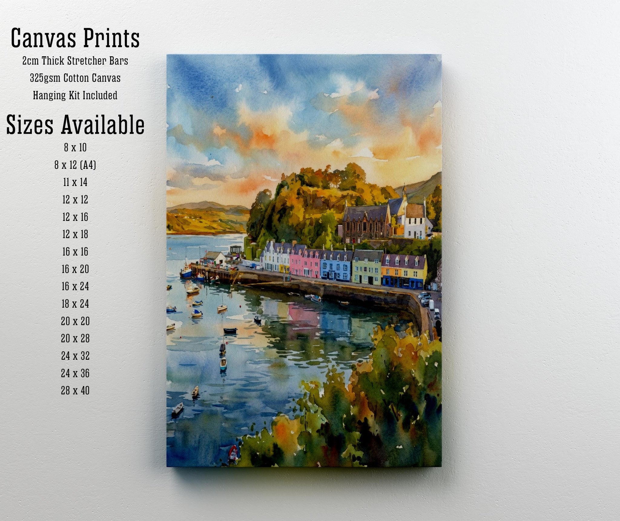Portree Harbour Isle of Skye Watercolour Painting Poster Scotland Wall Art Coastal Village Landscape Print Gift for UK Travel Lovers